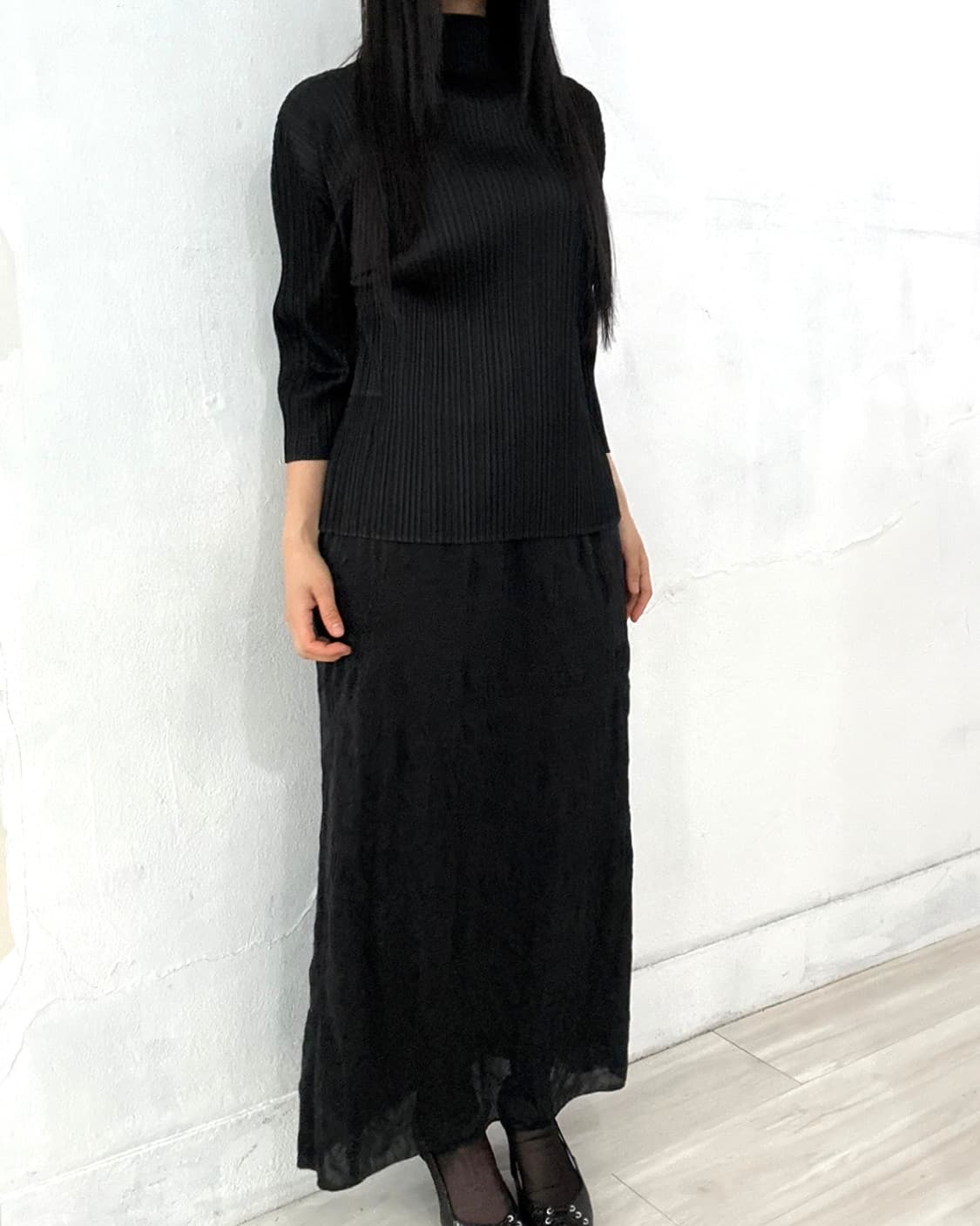 Black Wrinkle Detail Long Skirt 상품이미지5