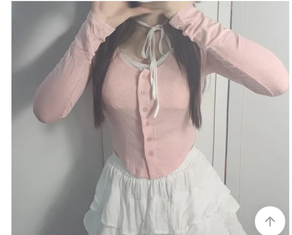 레이스 넥 리본 핑크 가디건 긴팔티 상품이미지1