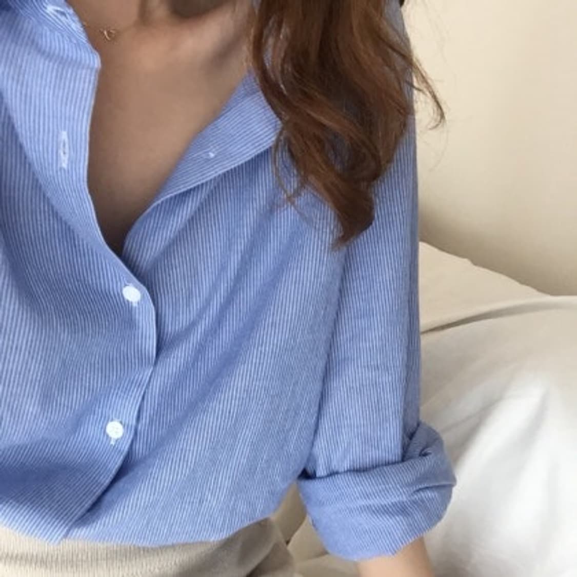mone 모네 리본빛 스트라이프 블루 썸머 오버핏 셔츠 상품이미지7