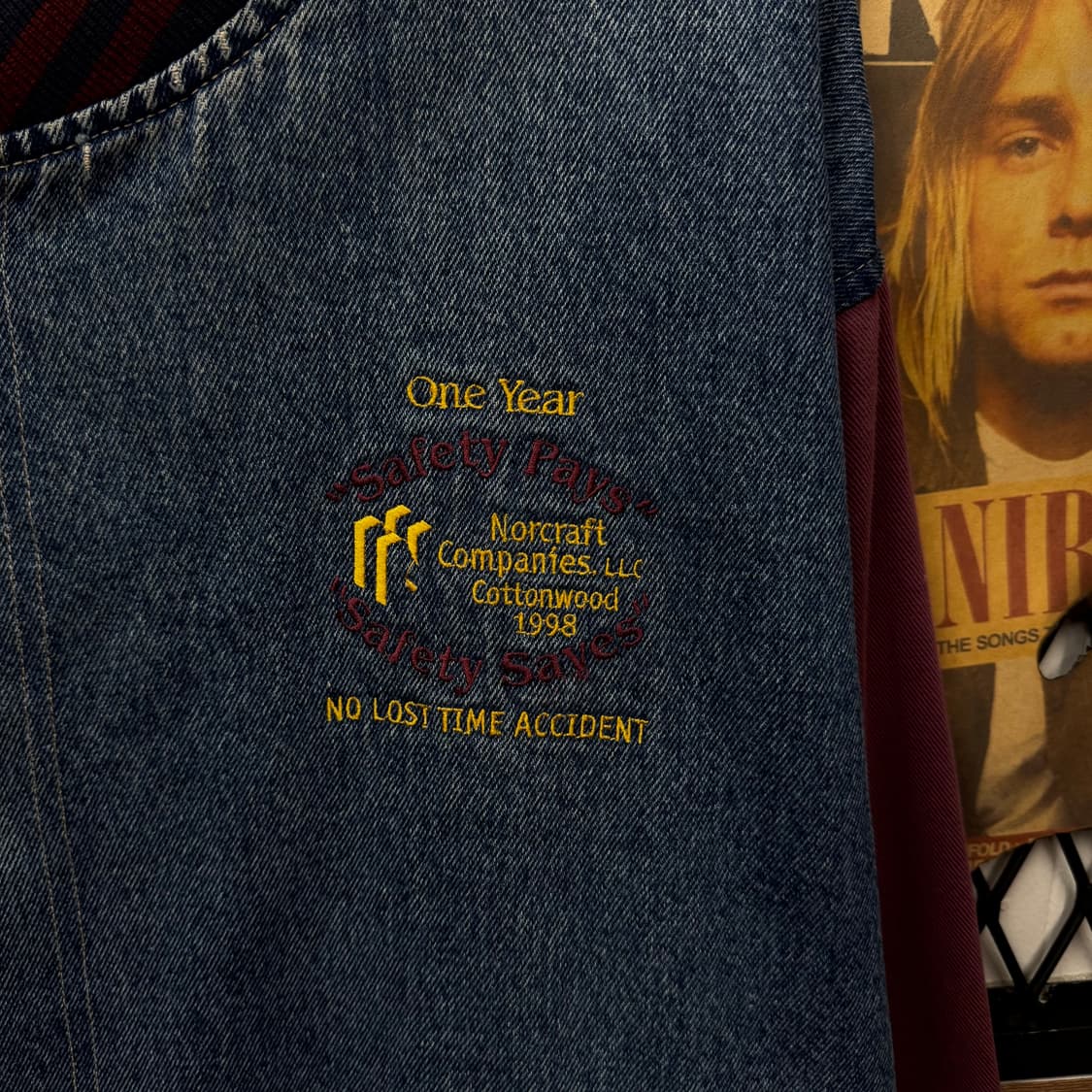 90s USA VINTAGE 데님 바시티자켓 버건디 배색 중청 상품이미지5