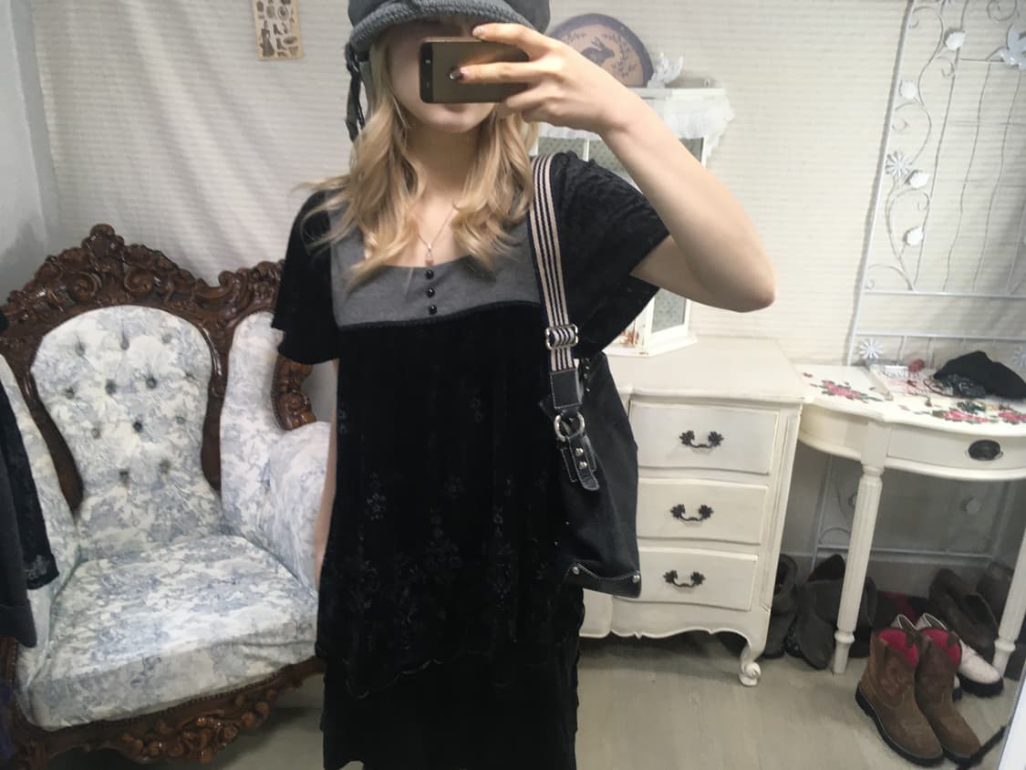 jpn vintage black antique velour blouse 상품이미지1