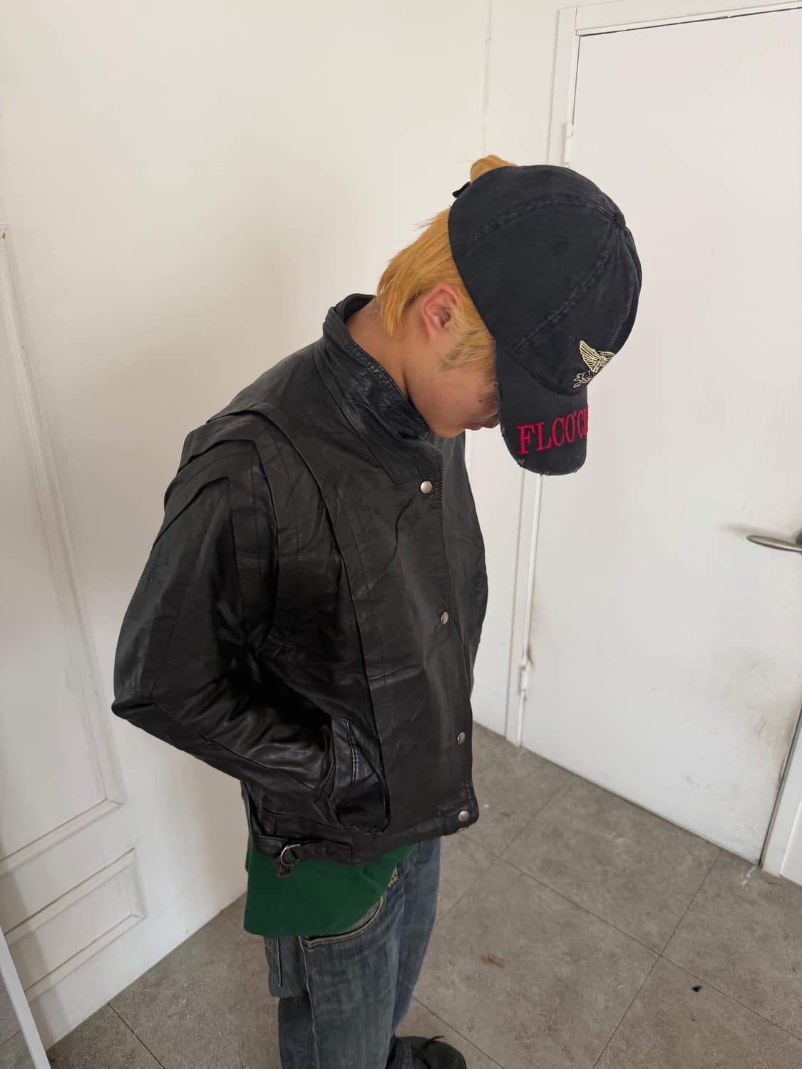 하이넥 버튼 포인트 블루종 레더 자켓 상품이미지8