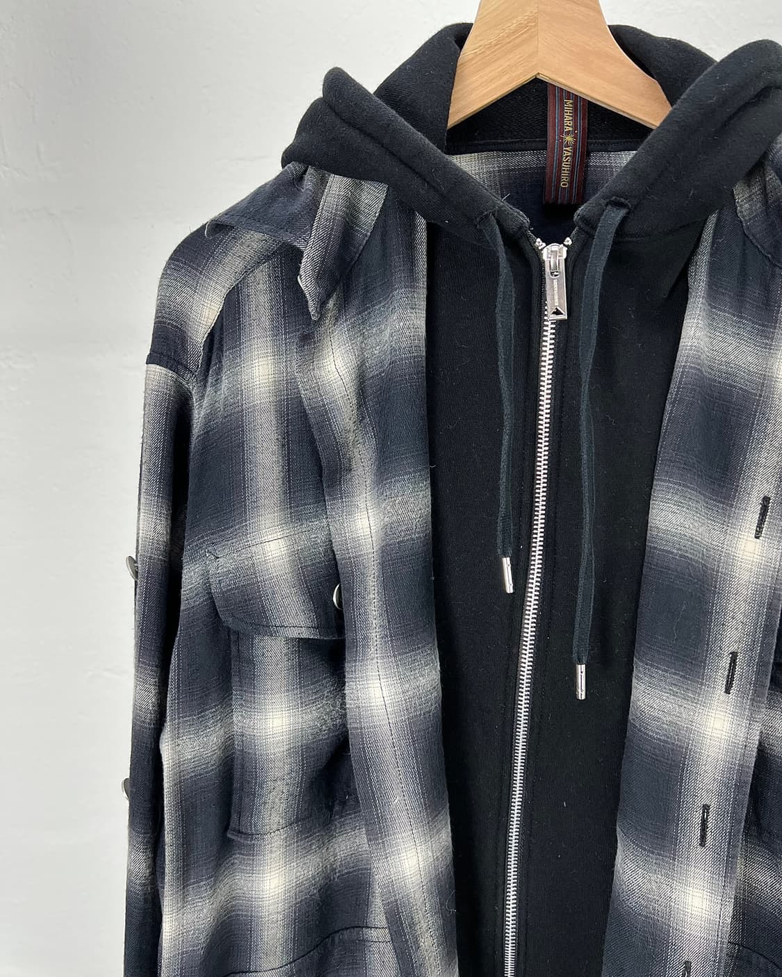 미하라 야스히로 컴바인 블랙 체크 후디 셔츠 자켓 상품이미지3