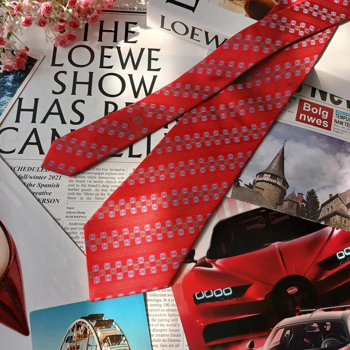 로에베 실크 레드 로고 패턴 넥타이 9.7cm A등급 A19805
 상품이미지3