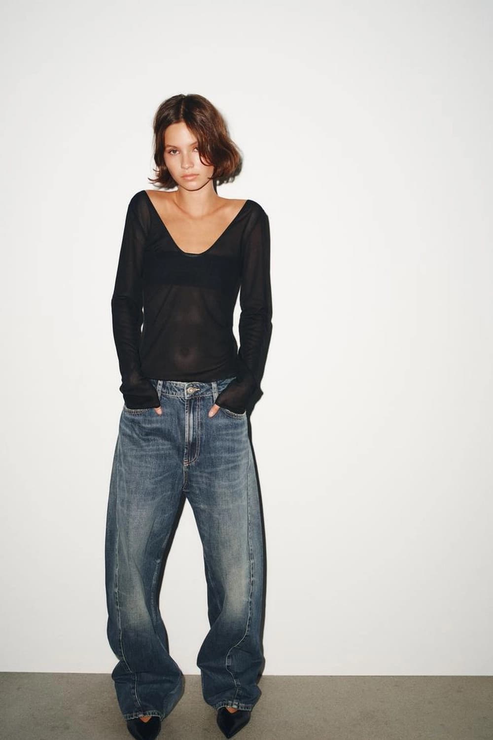ZARA 자라 시스루 브이넥 니트 탑 티셔츠 블랙 상품이미지1