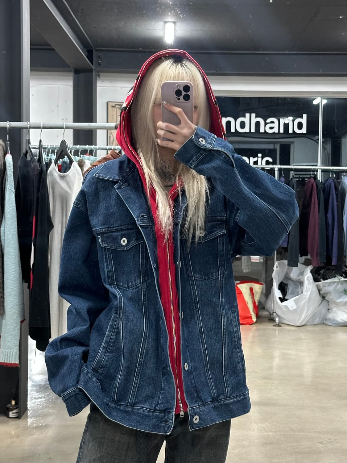 베이프 릴렉시드 샤크 데님 레이어드 후드 자켓 상품이미지1