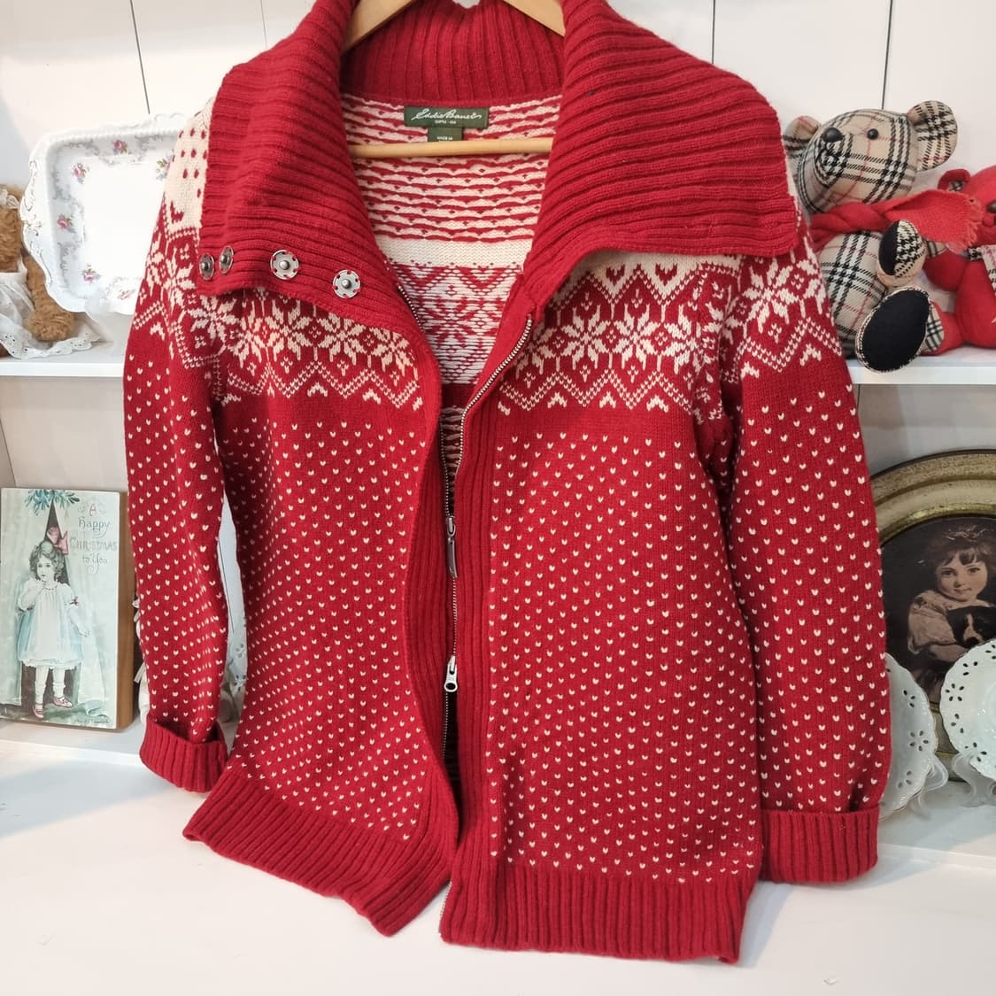에디바우어 레드 패턴 니트 가디건 상품이미지2