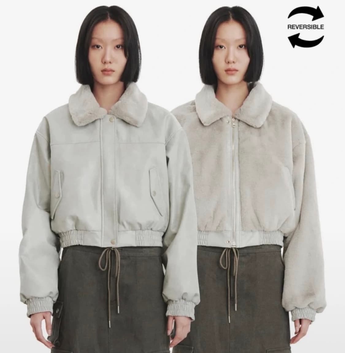 블핑지수/홍영기 착용)큐리티 리버시블 가죽퍼자켓 그레이 상품이미지7