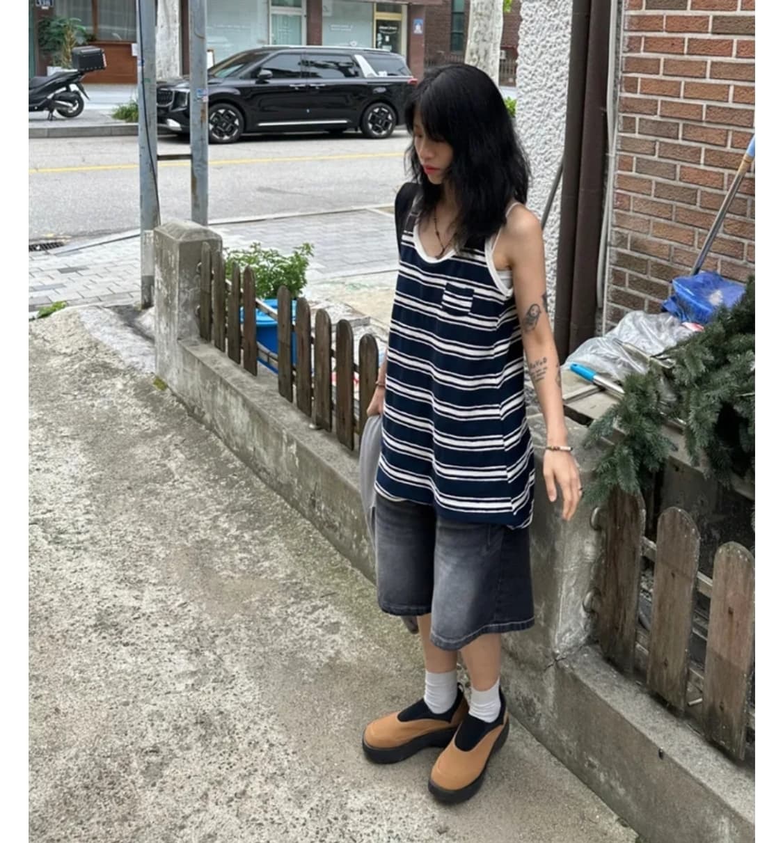 신시 볼드 스트라이프 롱 나시 원피스 네이비 상품이미지1