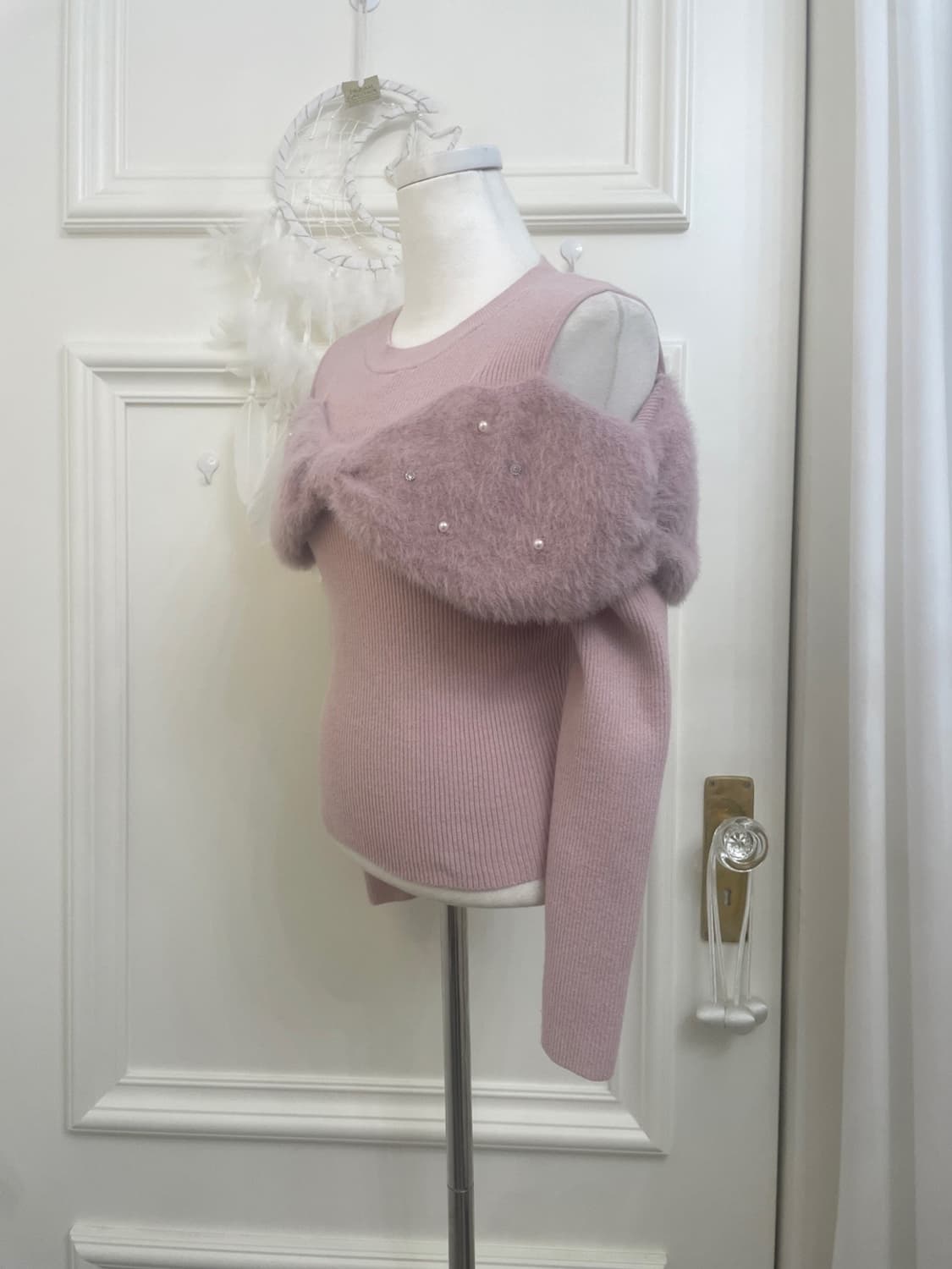 powder pink bow fur shoulder lovely knit 상품이미지2