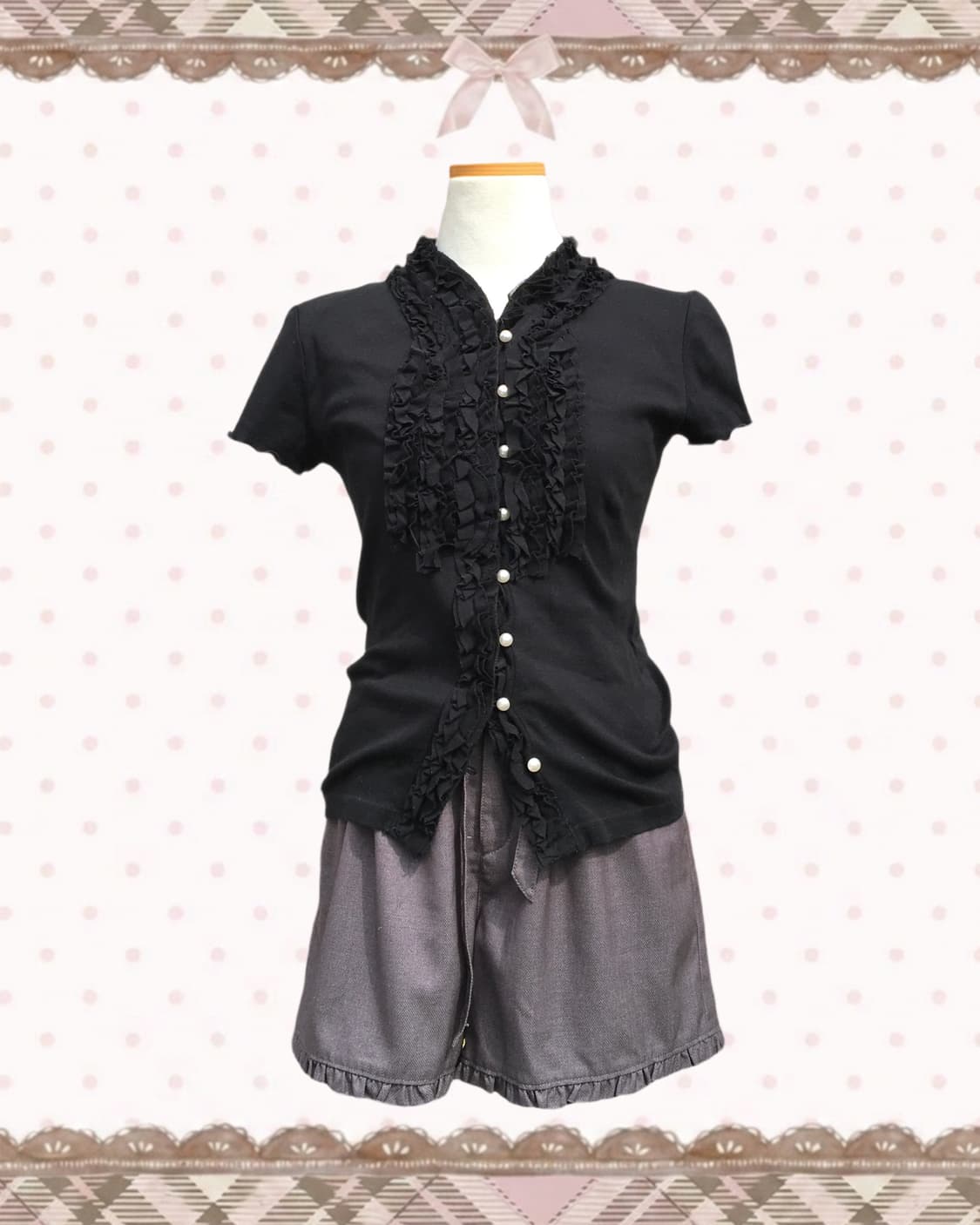 갸루 블랙 러플 반팔 블라우스 상품이미지2