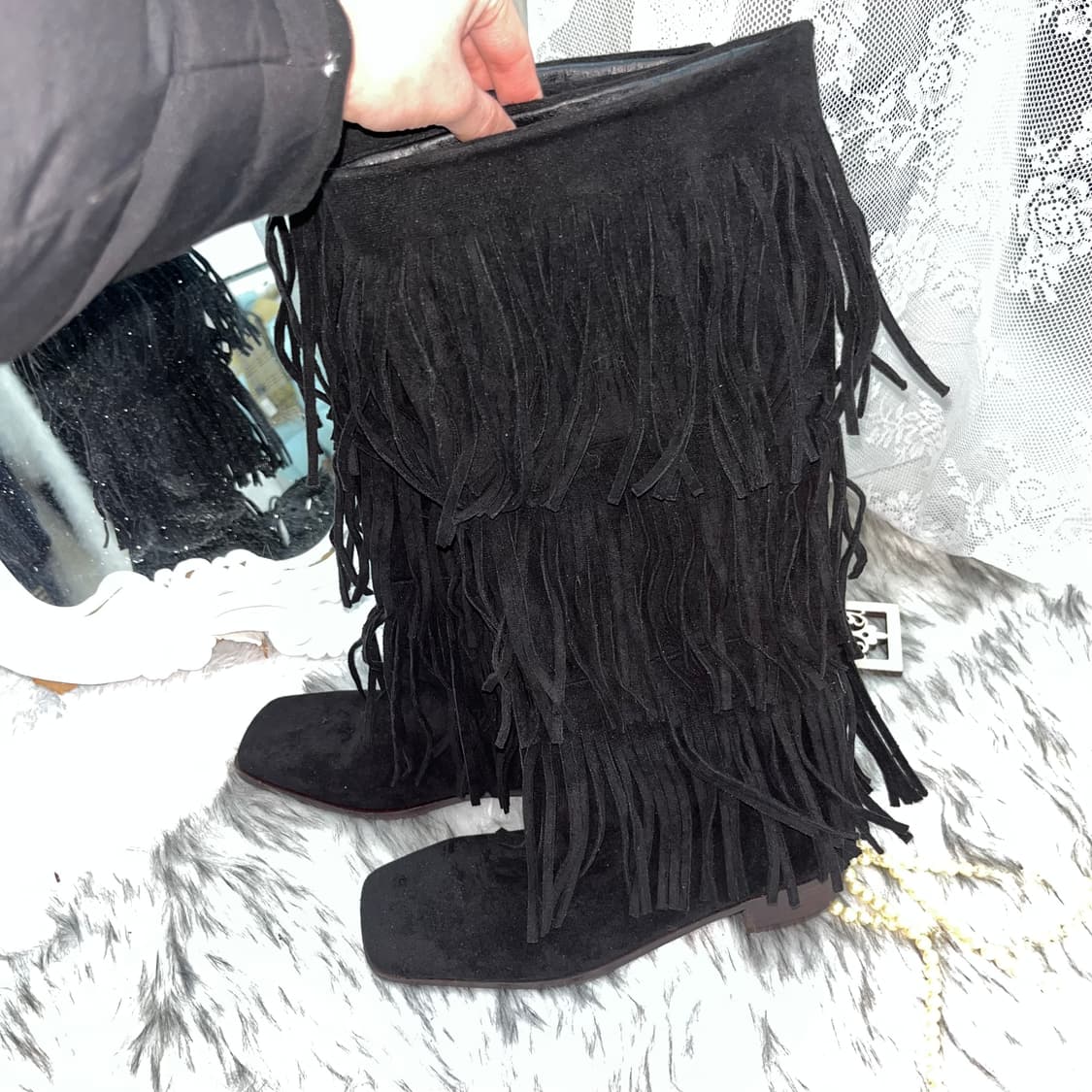빈티지 블랙 스웨이드 프린지 스퀘어 부츠 상품이미지5