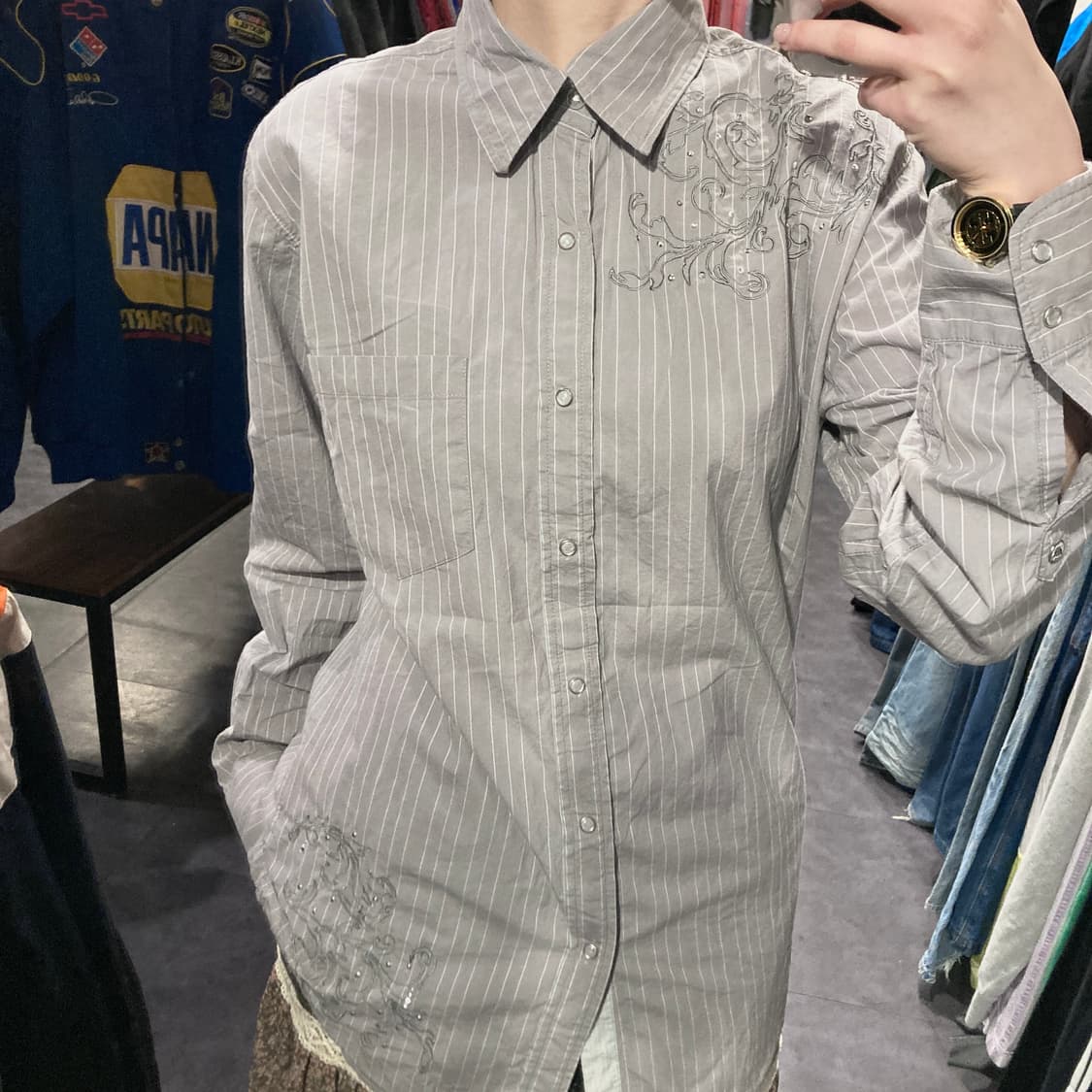 [IM] vtg 웨스턴 자수 스트라이프 셔츠 그레이 상품이미지5