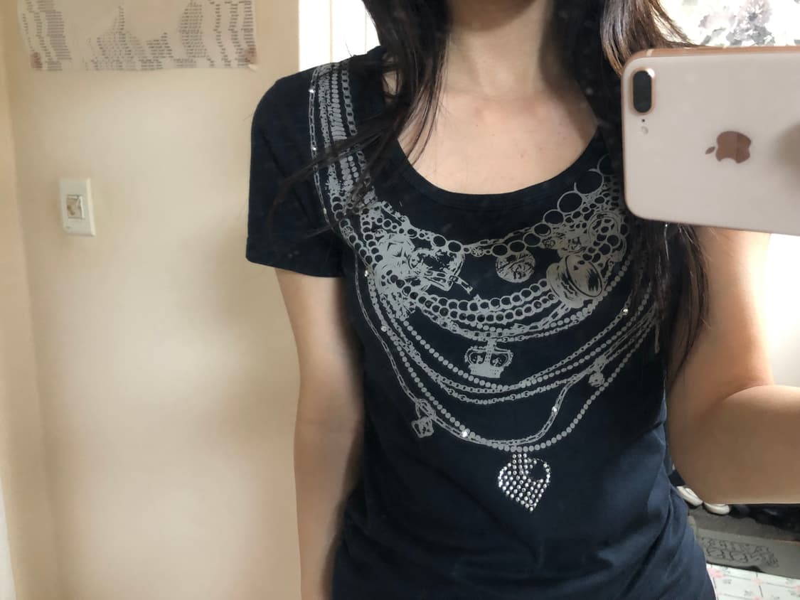 빈티지 큐빅 장식 반팔 티셔츠 갸루 블랙 상품이미지3