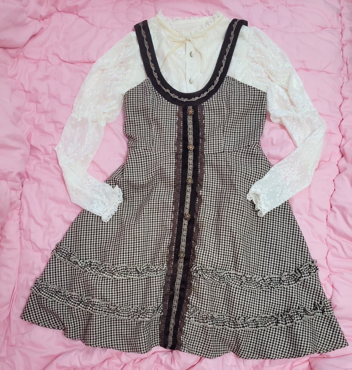 급처상태좋음!액시즈팜 레이스 모직 체크뷔스티에 원피스 드레스 리즈리사st 상품이미지2