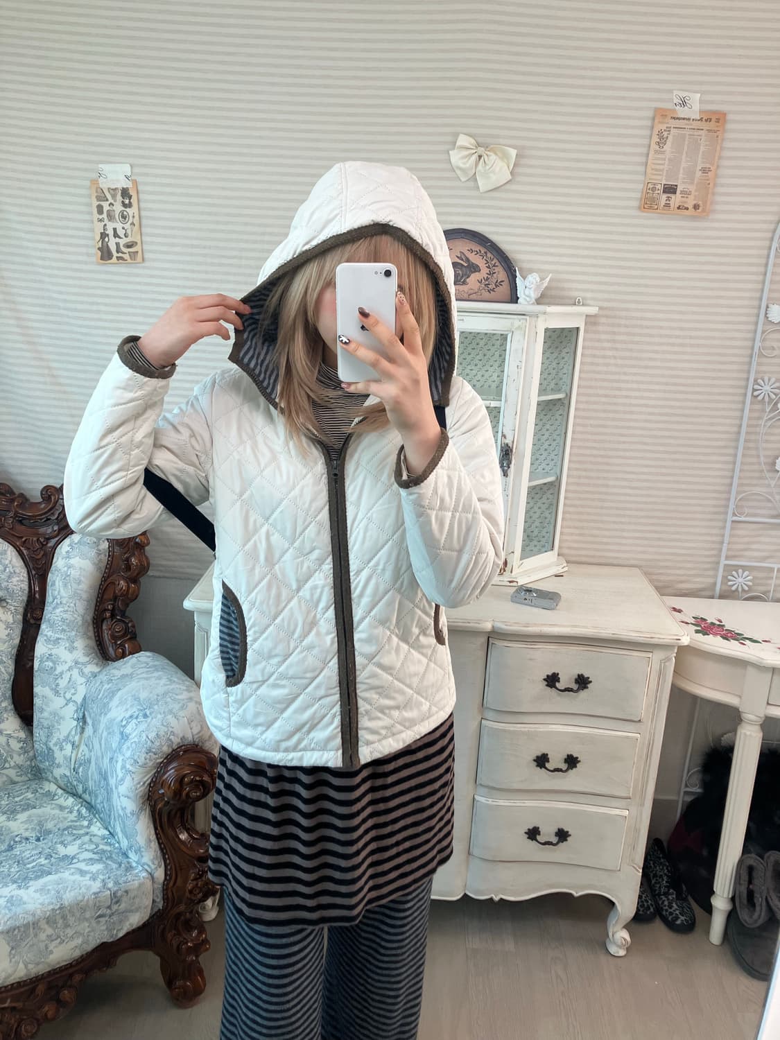 일본빈티지 아이보리 모리 누빔 스트라이프 경량패딩 상품이미지2