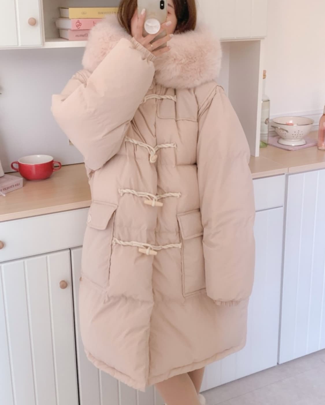 딸기우유 떡볶이 더플단추 퍼후드 패딩 상품이미지2