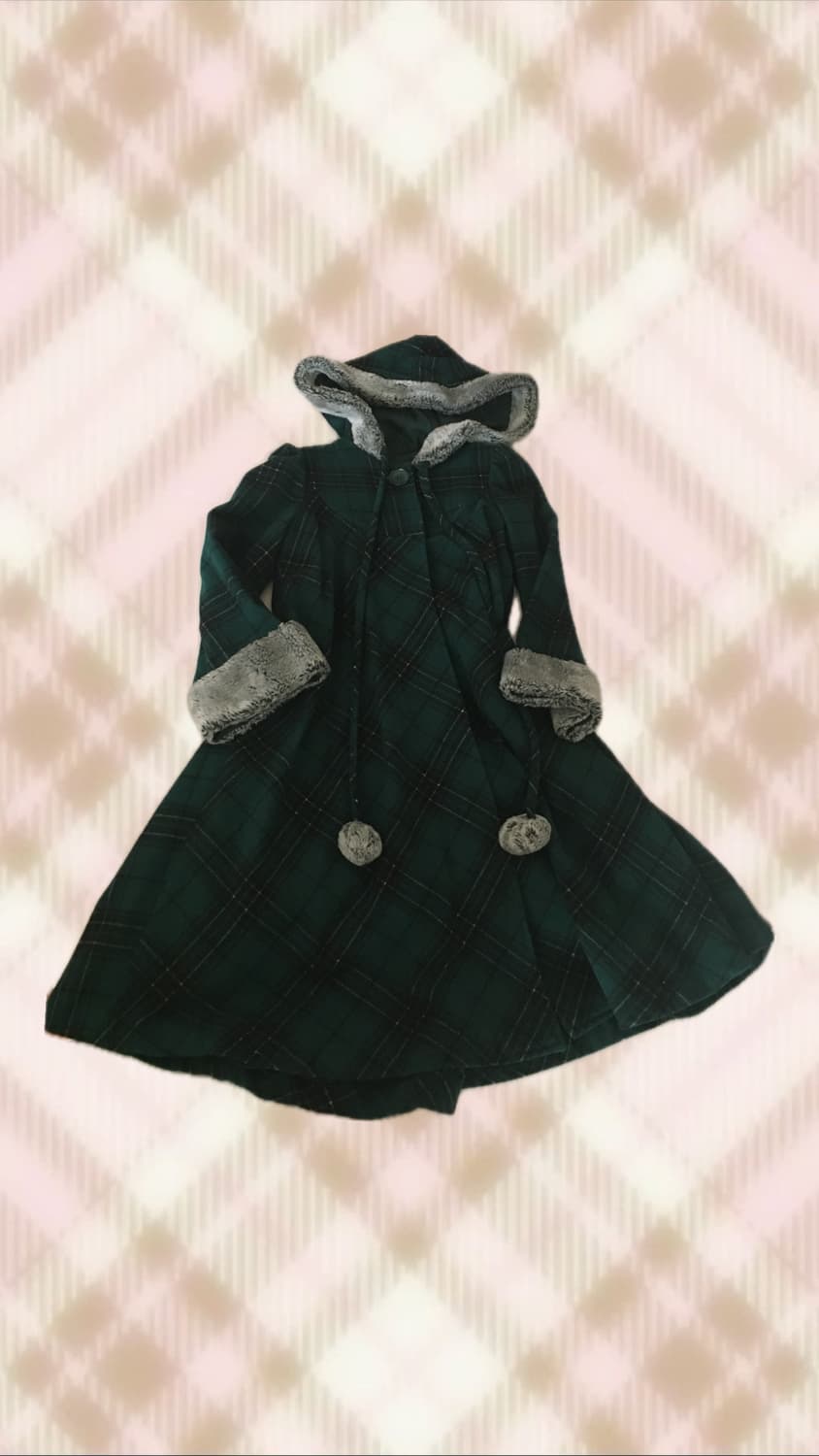그린 체크 폼폼이 퍼 코트 히메 오네 갸루 러블리 로걀 모리 빈티지 상품이미지1