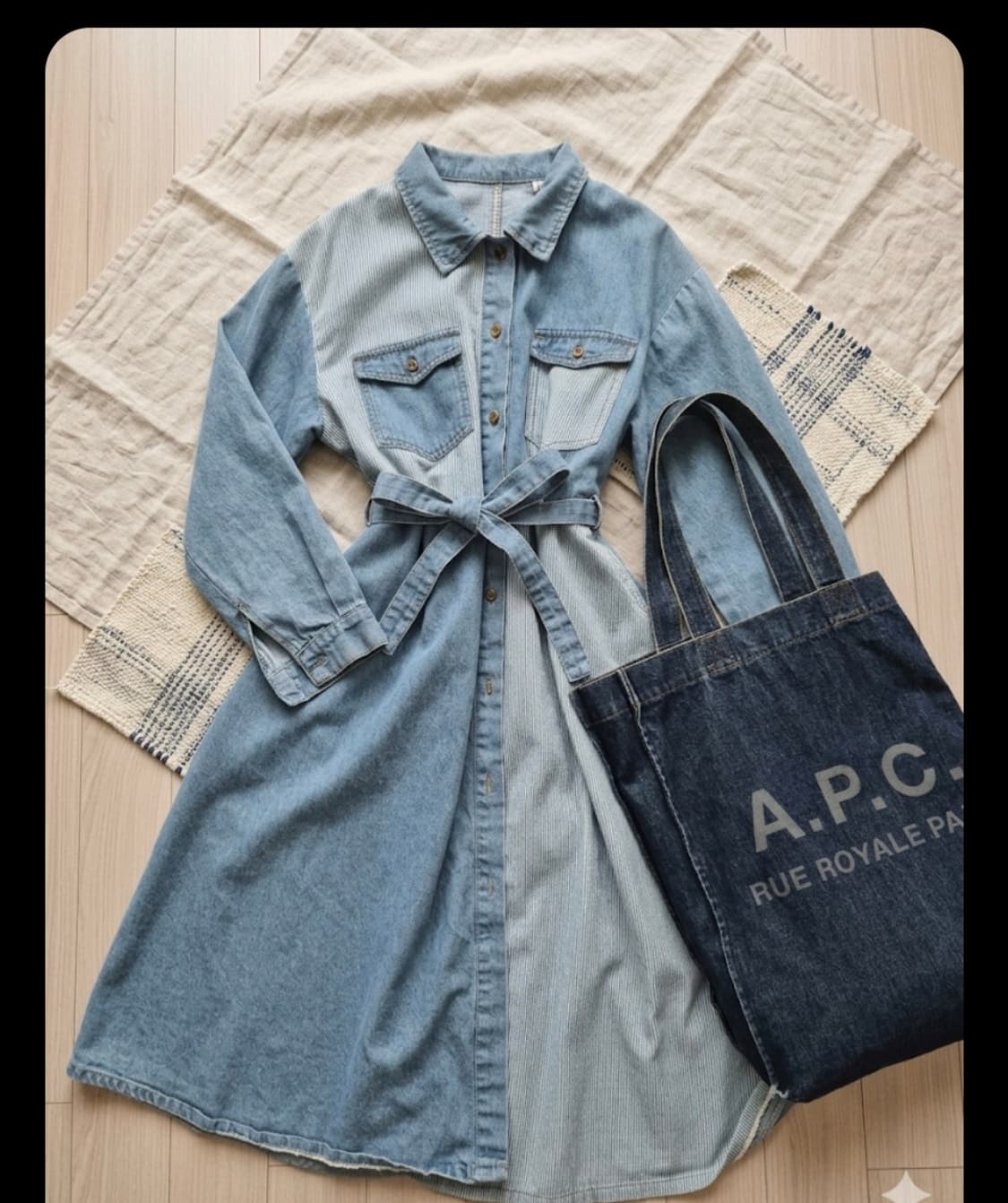 [유니크/세련] 데님 배색 스트라이프 롱 원피스 (벨트 포함) 상품이미지1