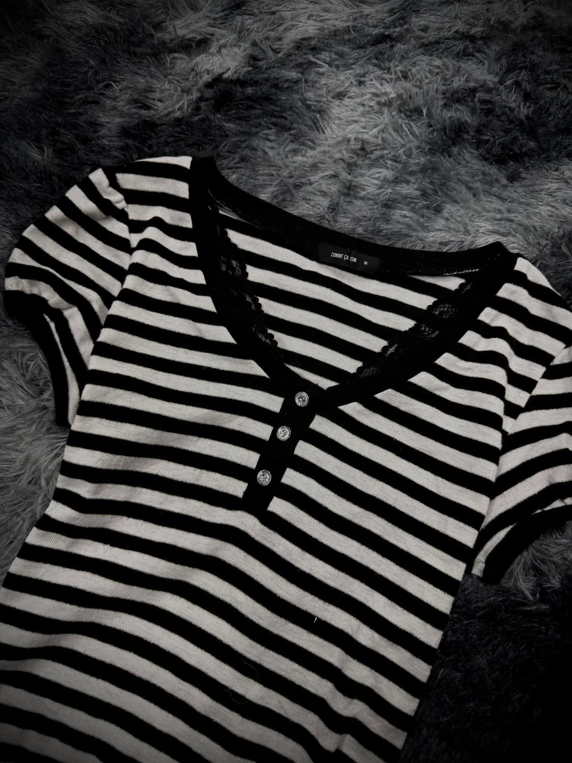 스트라이프 패턴 밑단 레이스 Y2k 퍼프소매 링거티 상품이미지3