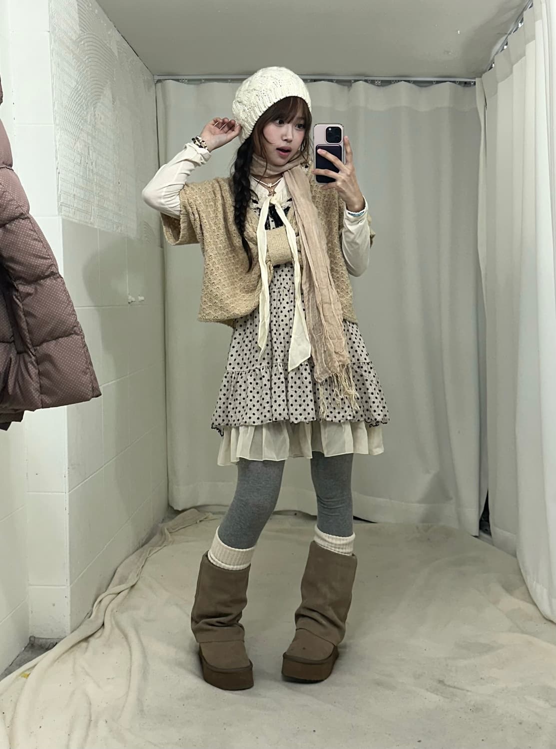 액시즈팜 도트 리본 떡볶이 패딩 모리걸 코디세트 상품이미지1