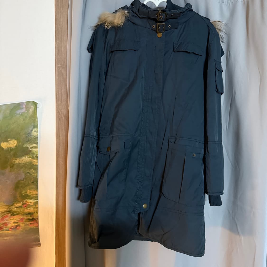 Y2k 후드 퍼 롱 야상 점퍼 (네이비/블루그레이) 상품이미지2