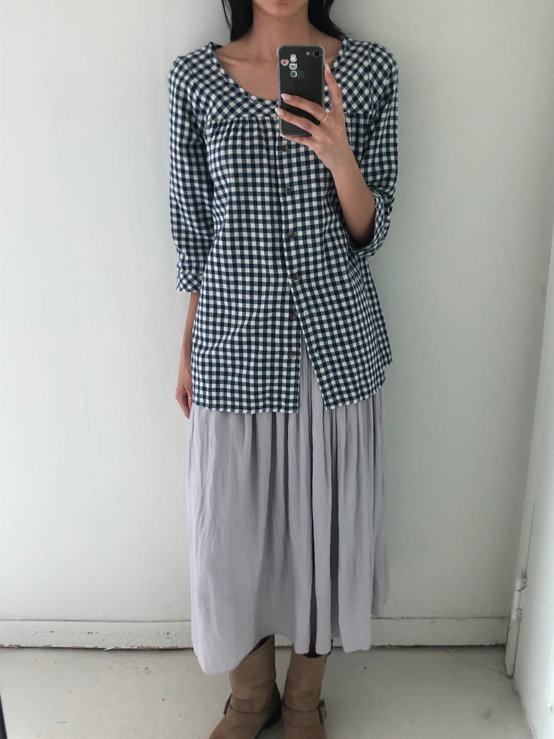 일본빈티지 블루 체크 블라우스 상품이미지5