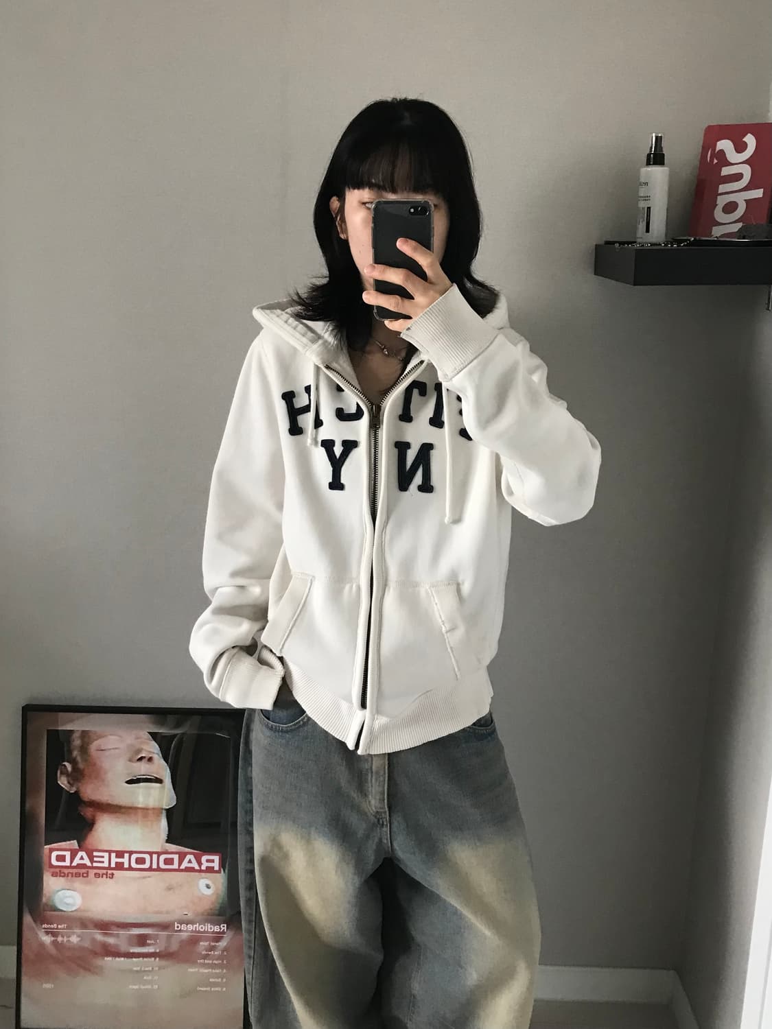 아베크롬비 헤비코튼 자수 로고 화이트 후드집업 상품이미지1