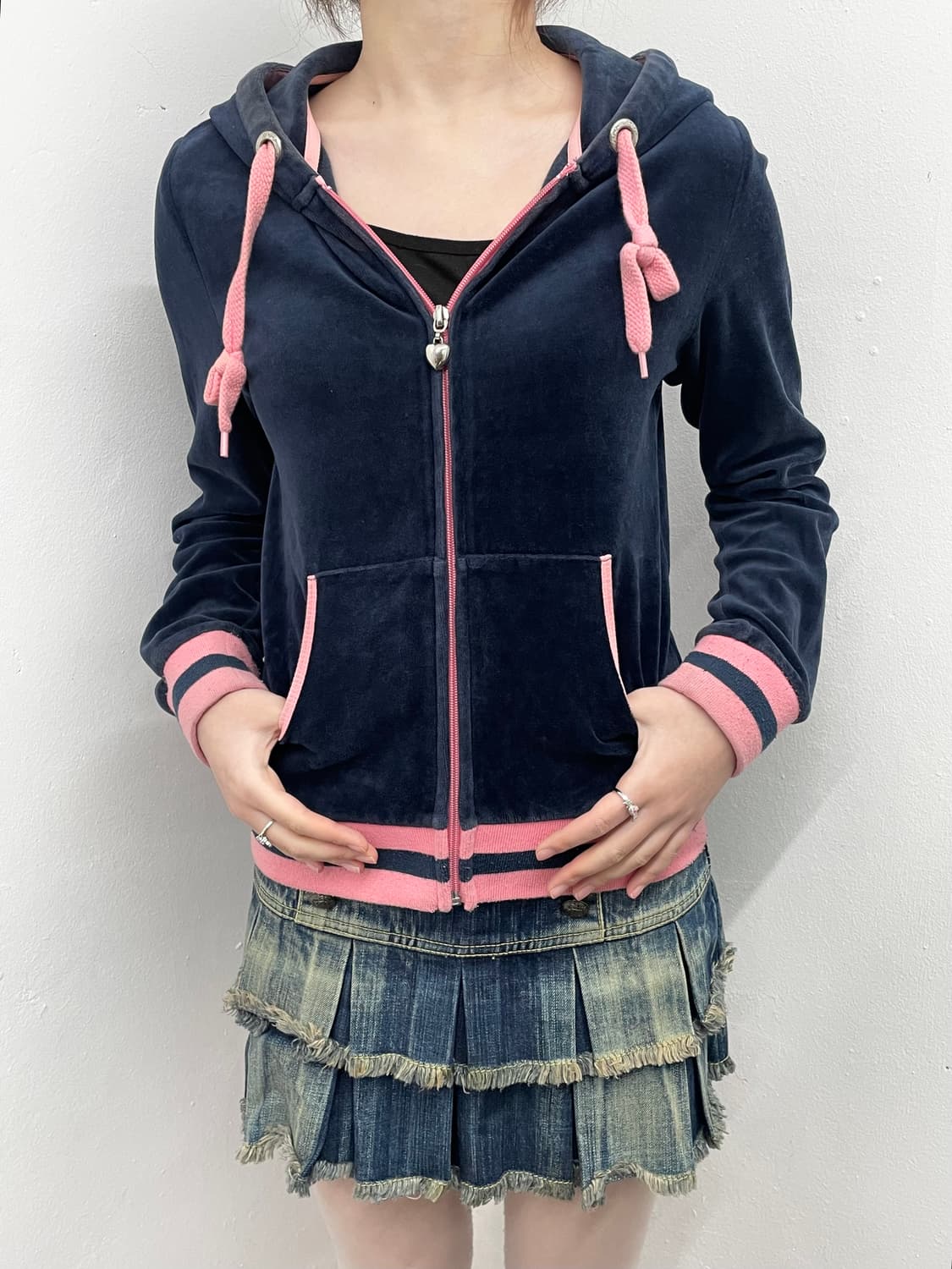 네이비 벨벳 핑크 하트 집업 상품이미지3