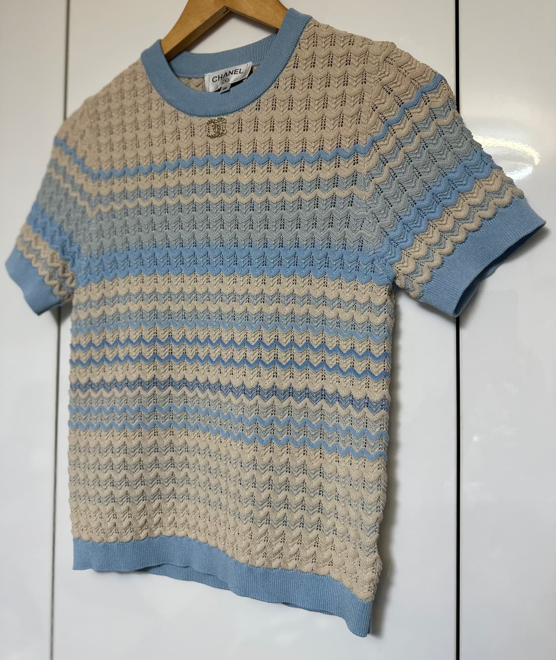 샤넬 반팔 니트 티셔츠 블루 베이지 정품 상품이미지3