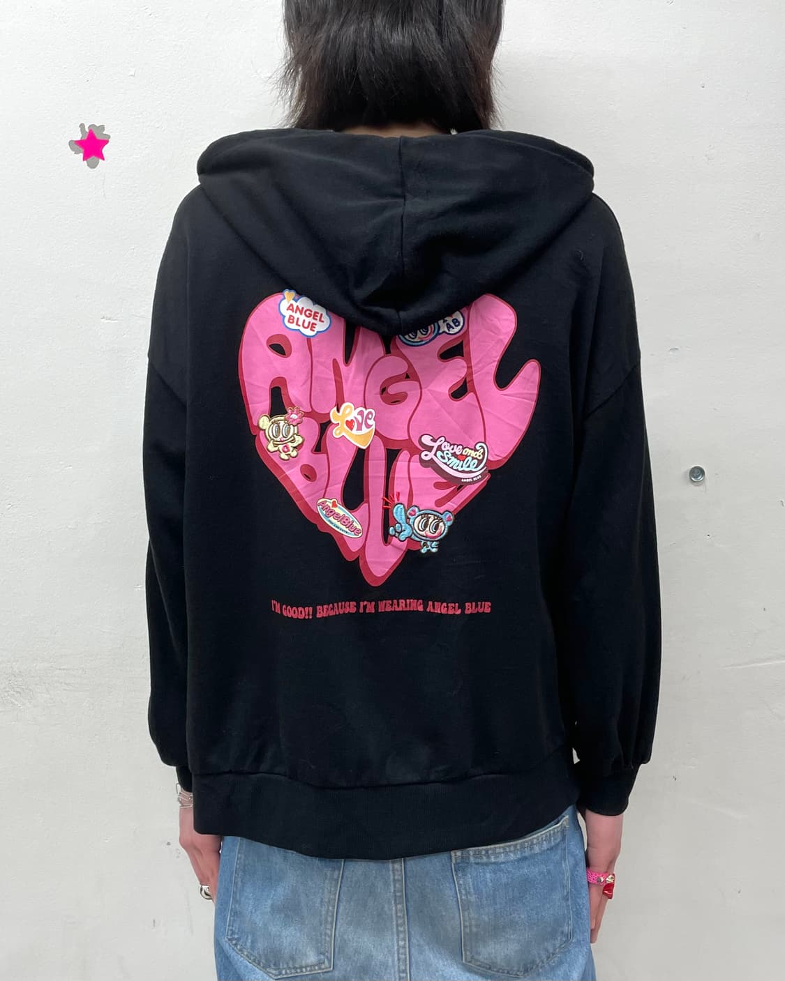 Angel Blue Heart Black Hooded Zip-Up 상품이미지1