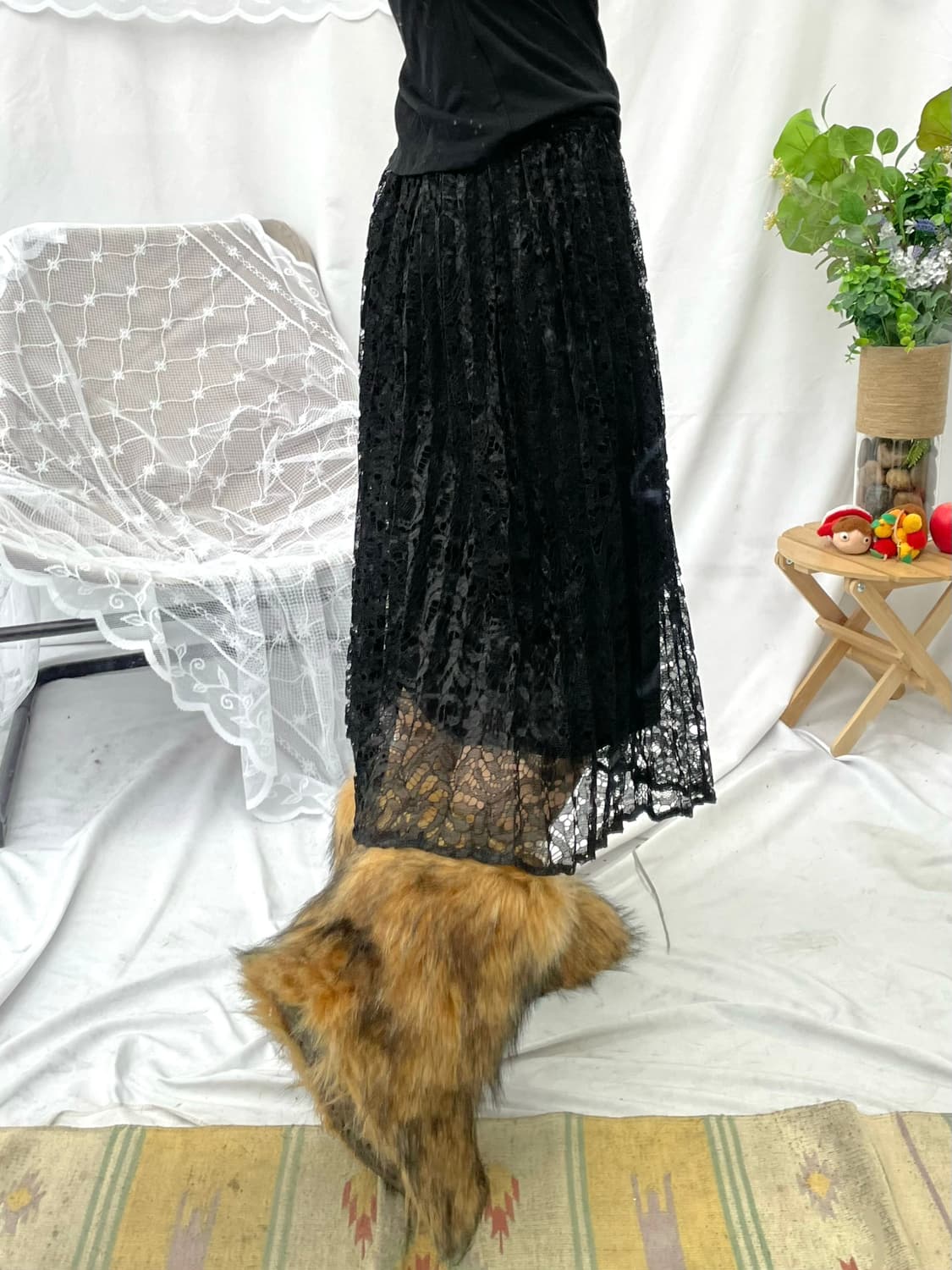 Black lace pleats long skirt 상품이미지2
