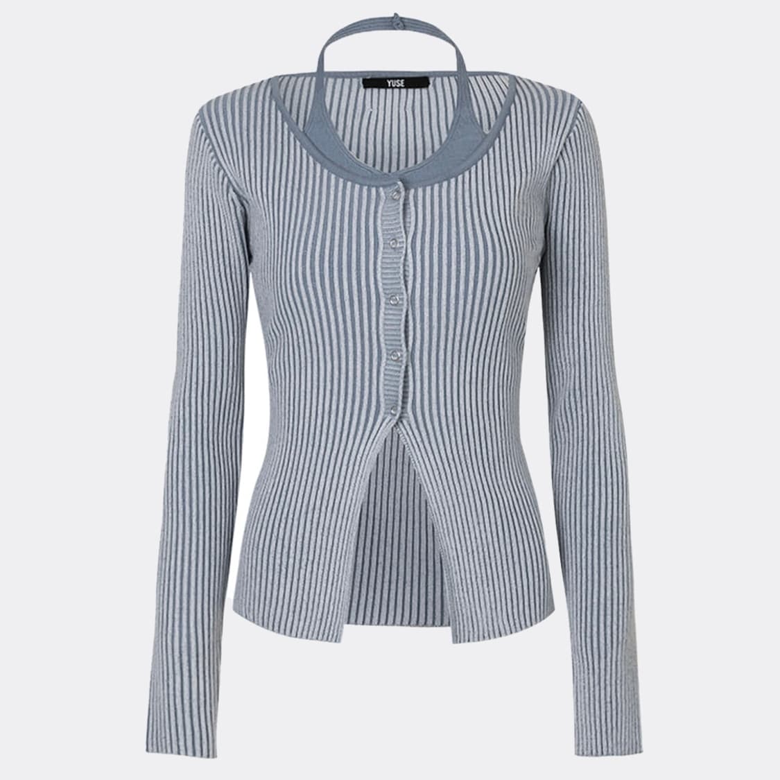 유즈 투톤 홀터 슬리브 레이어드 니트 탑 라이트블루 상품이미지1