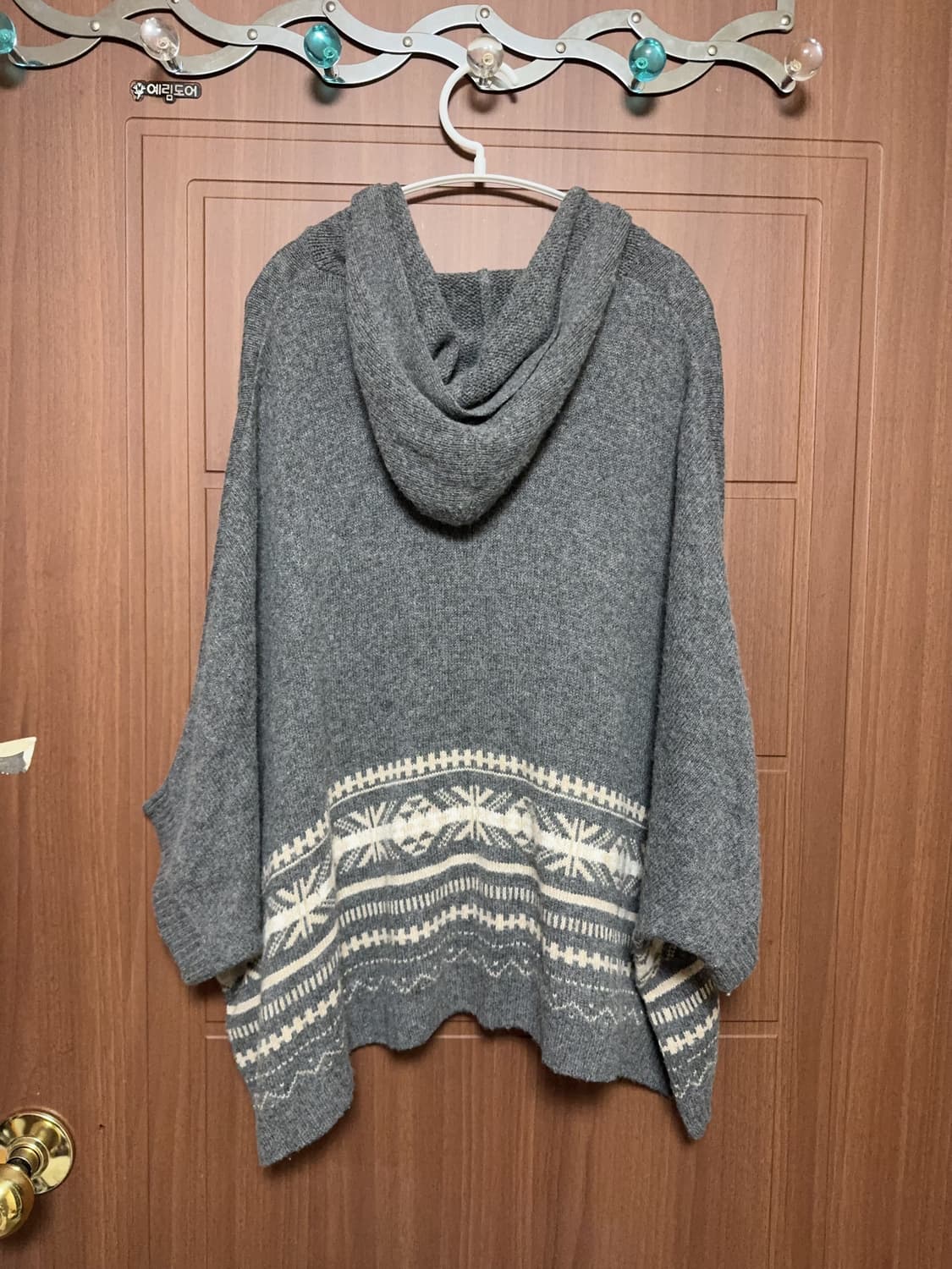 모리걸 하구미 히피 일본 빈티지 그레이 노르딕 패턴 후드 판쵸 가디건 상품이미지3