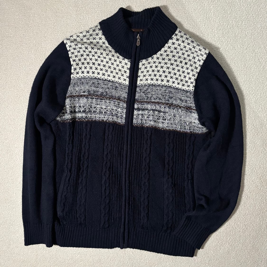 일본빈티지 TAKA Q 노르딕 패턴 네이비 니트집업 상품이미지1