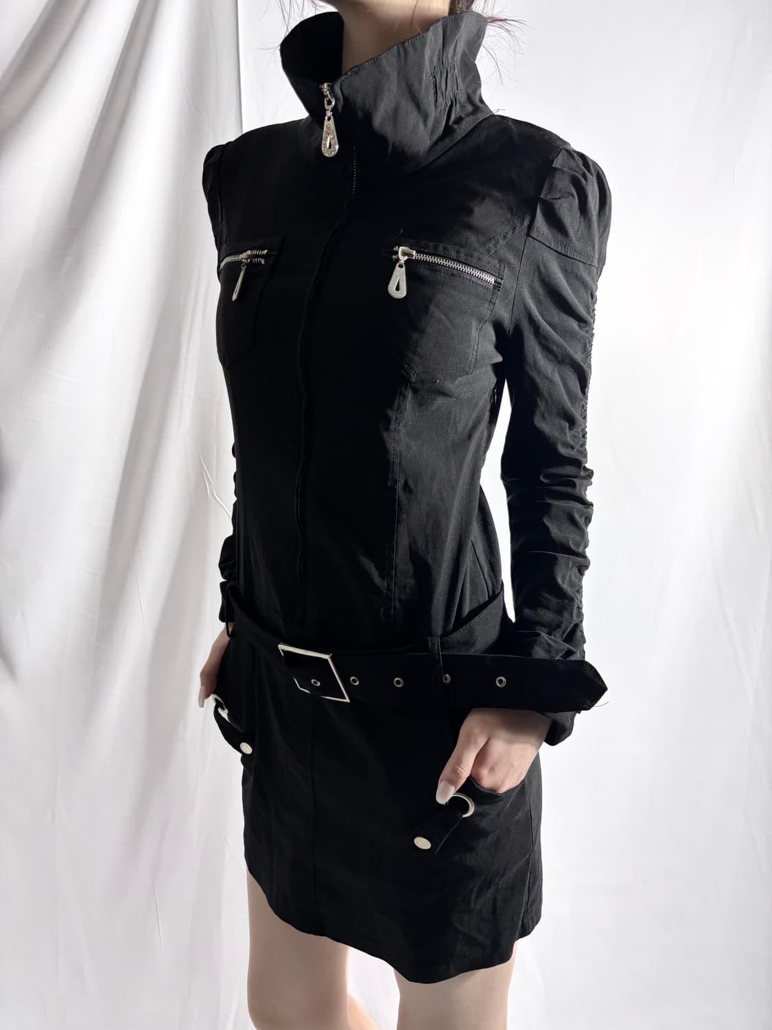 Japanese Vintage Black Zip Mini Dress 상품이미지3