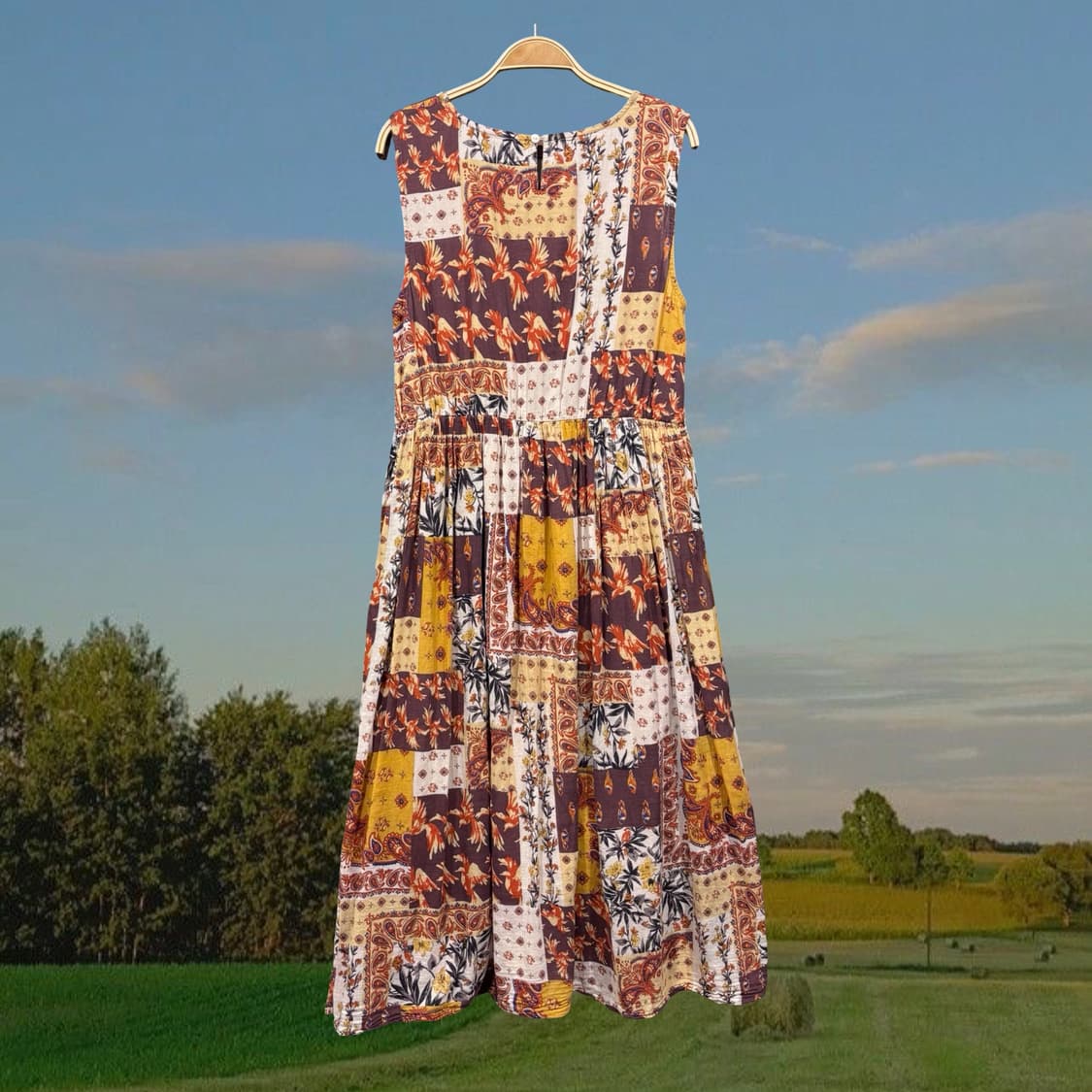 일본 빈티지 에스닉 패치워크 패턴 브라운 민소매 롱 원피스 상품이미지3
