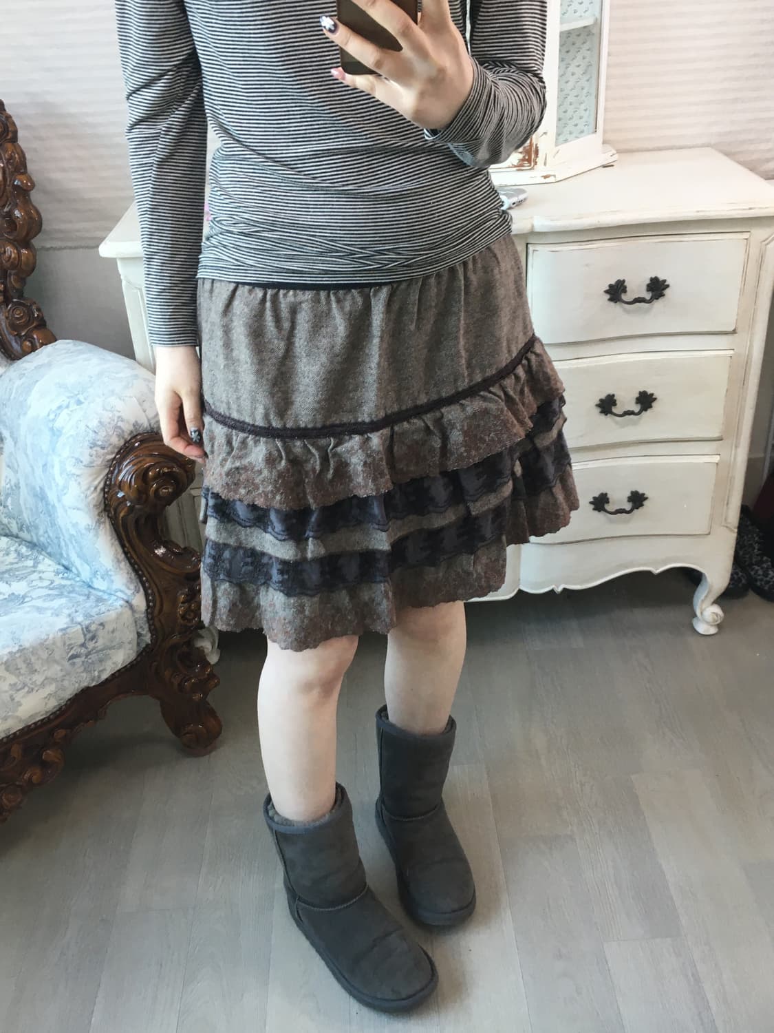 Axes femme 액시즈팜 브라운 헤링본 레이스 스커트 상품이미지1