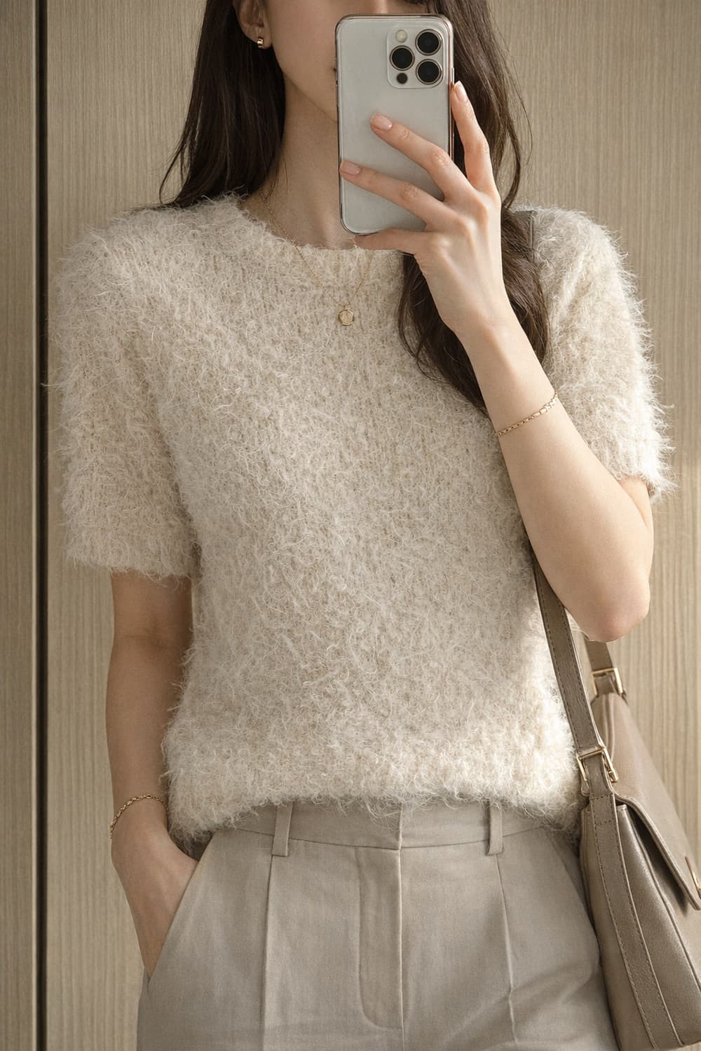 (1회시착)퍼 텍스처 반팔 니트 | 울혼방 | FREE | 국내제작 상품이미지1