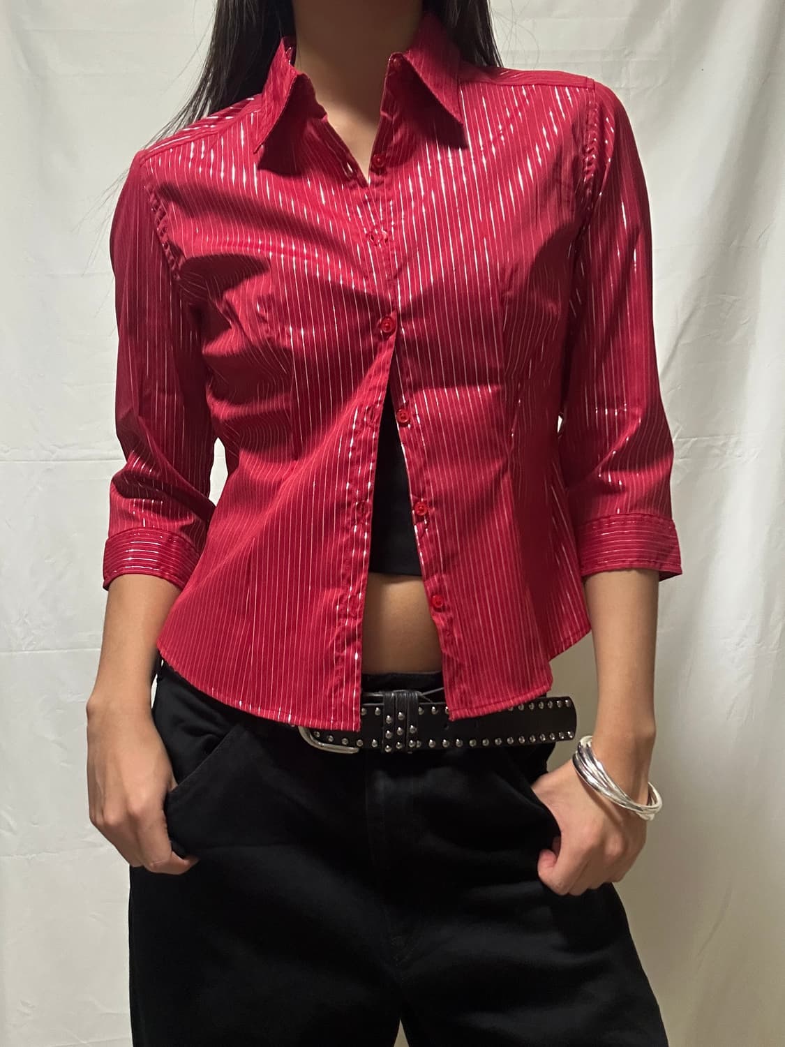 빈티지 레드 스트라이프 폴리 나일론 7부 셔츠 상품이미지1