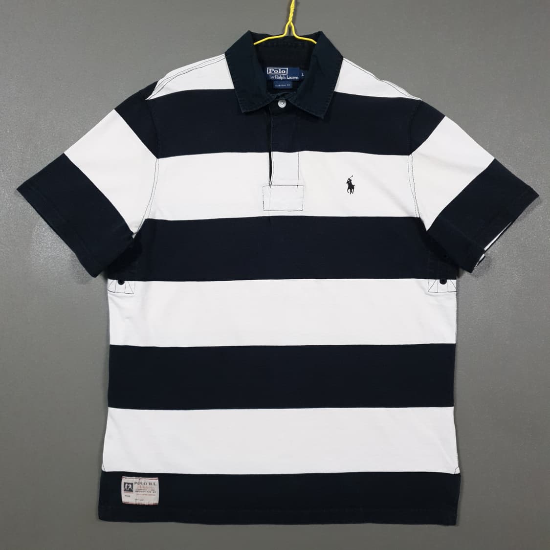 L) 폴로 랄프로렌 스트라이프 럭비 반팔 카라티 피케 셔츠 블랙 화이트 상품이미지1