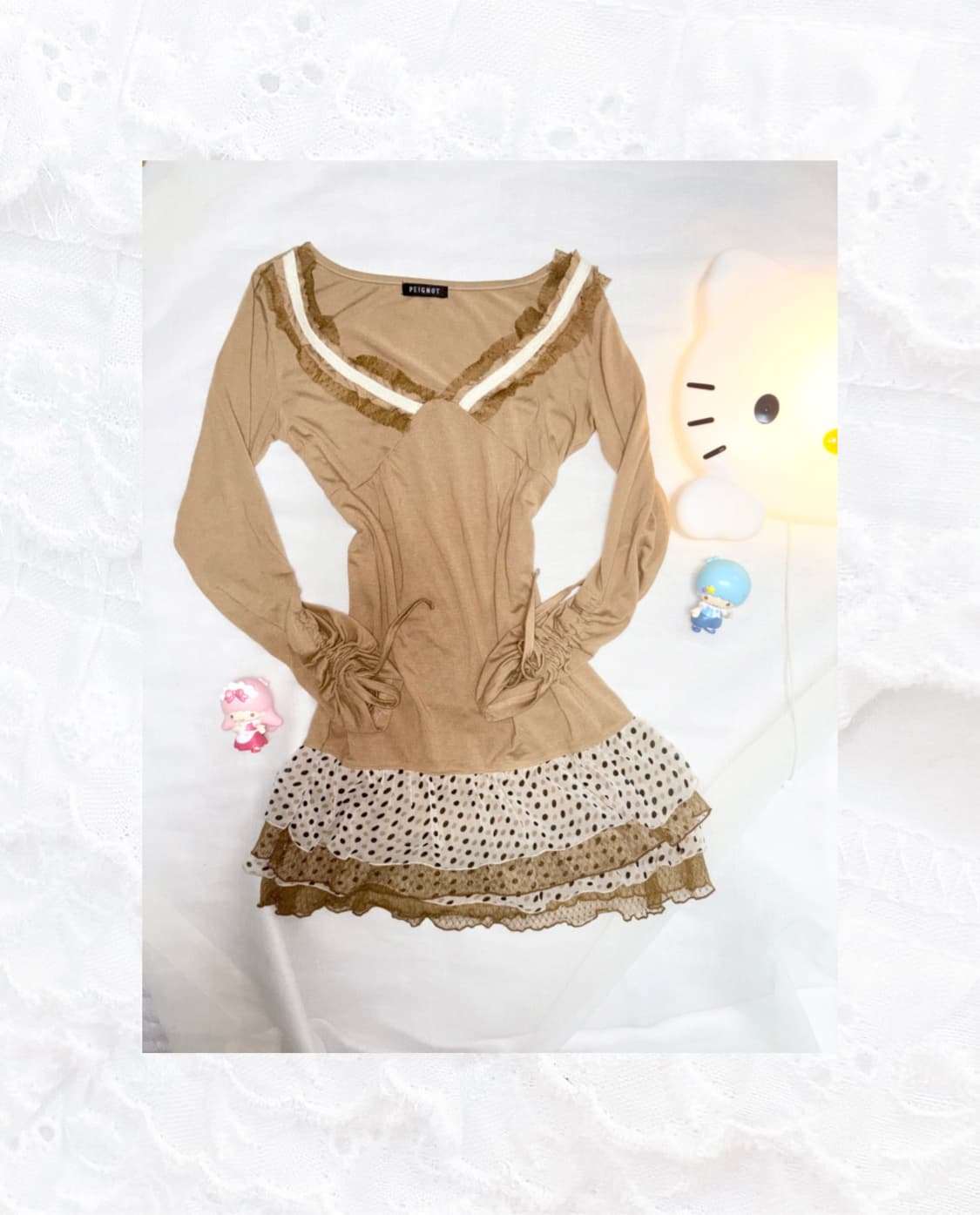 라떼맛 브라운&화이트 셔링 도트 레이스 탑상의 상품이미지1