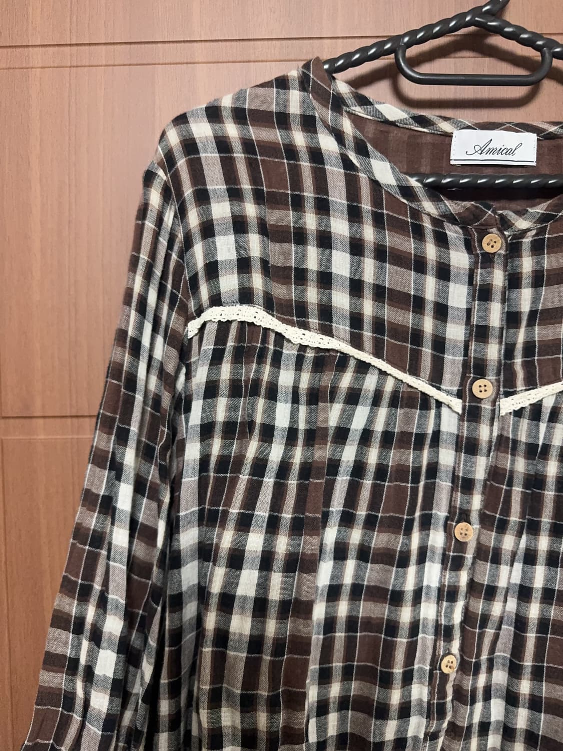 빈티지 모리걸 브라운 체크 레이스 셔츠 상품이미지2