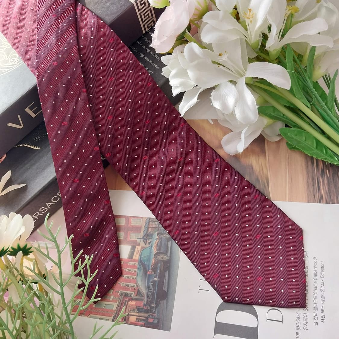 베르사체 실크 와인 도트 로고 패턴 넥타이 8.6cm A+등급 K1588 상품이미지2