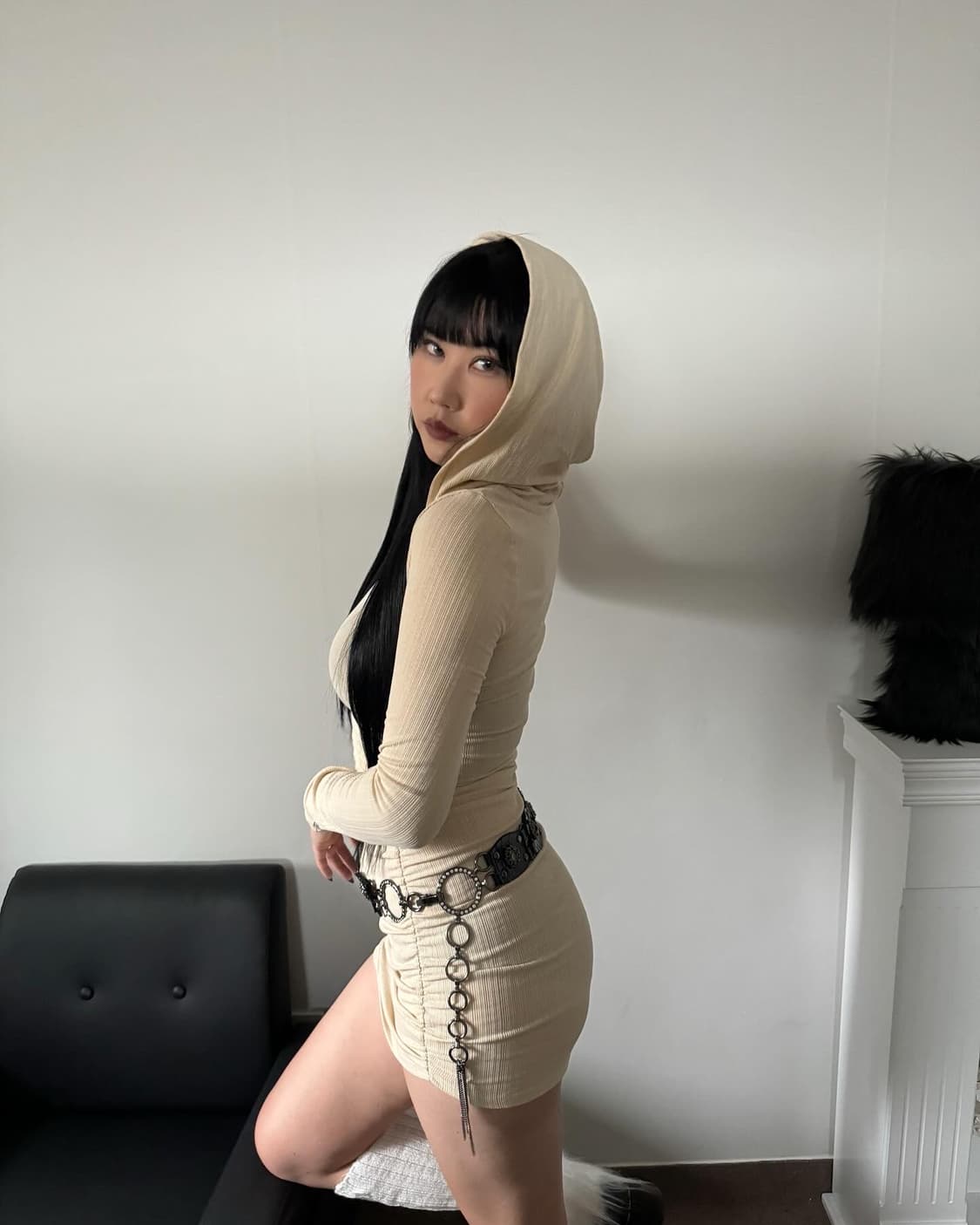 후드 기모 셔링 원피스새상품 상품이미지5