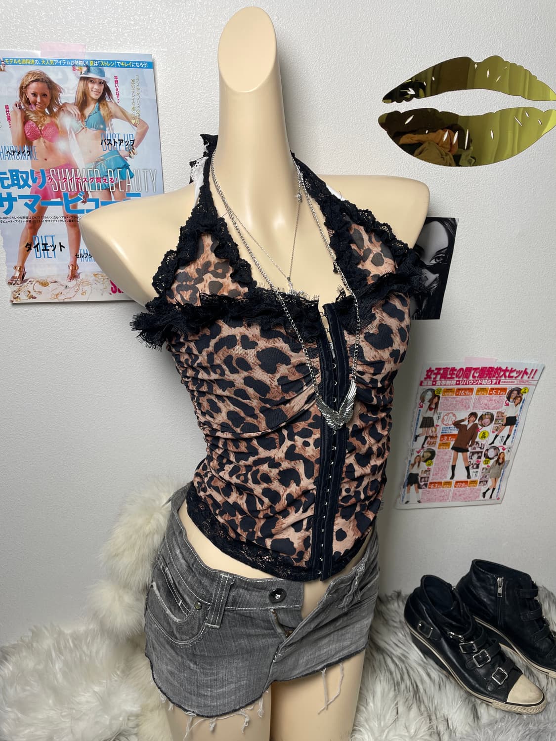갸루 호피 홀터 레이스 나시 코르셋 상품이미지1