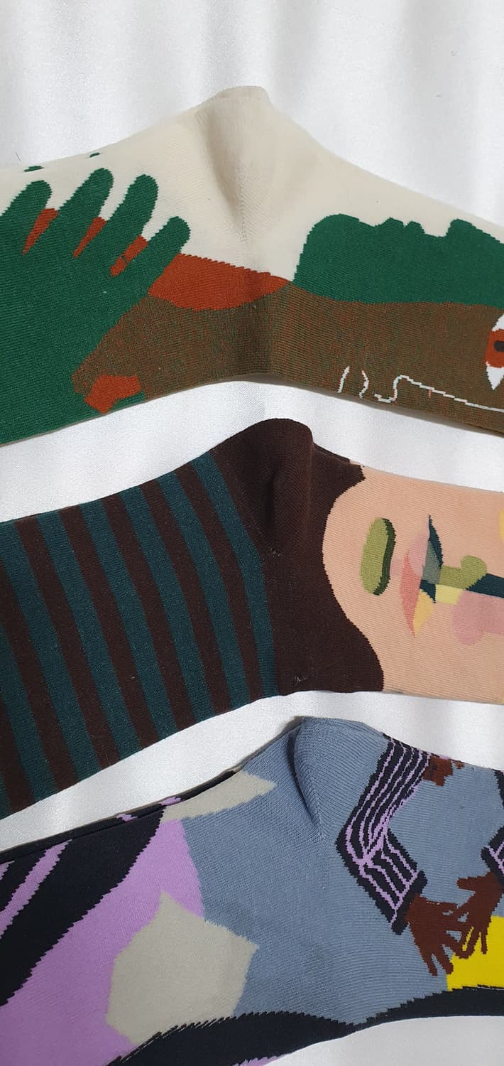 크림베이지 그린 블루 스트라이프 추상 Bonne Maison 본메종 양말 상품이미지3