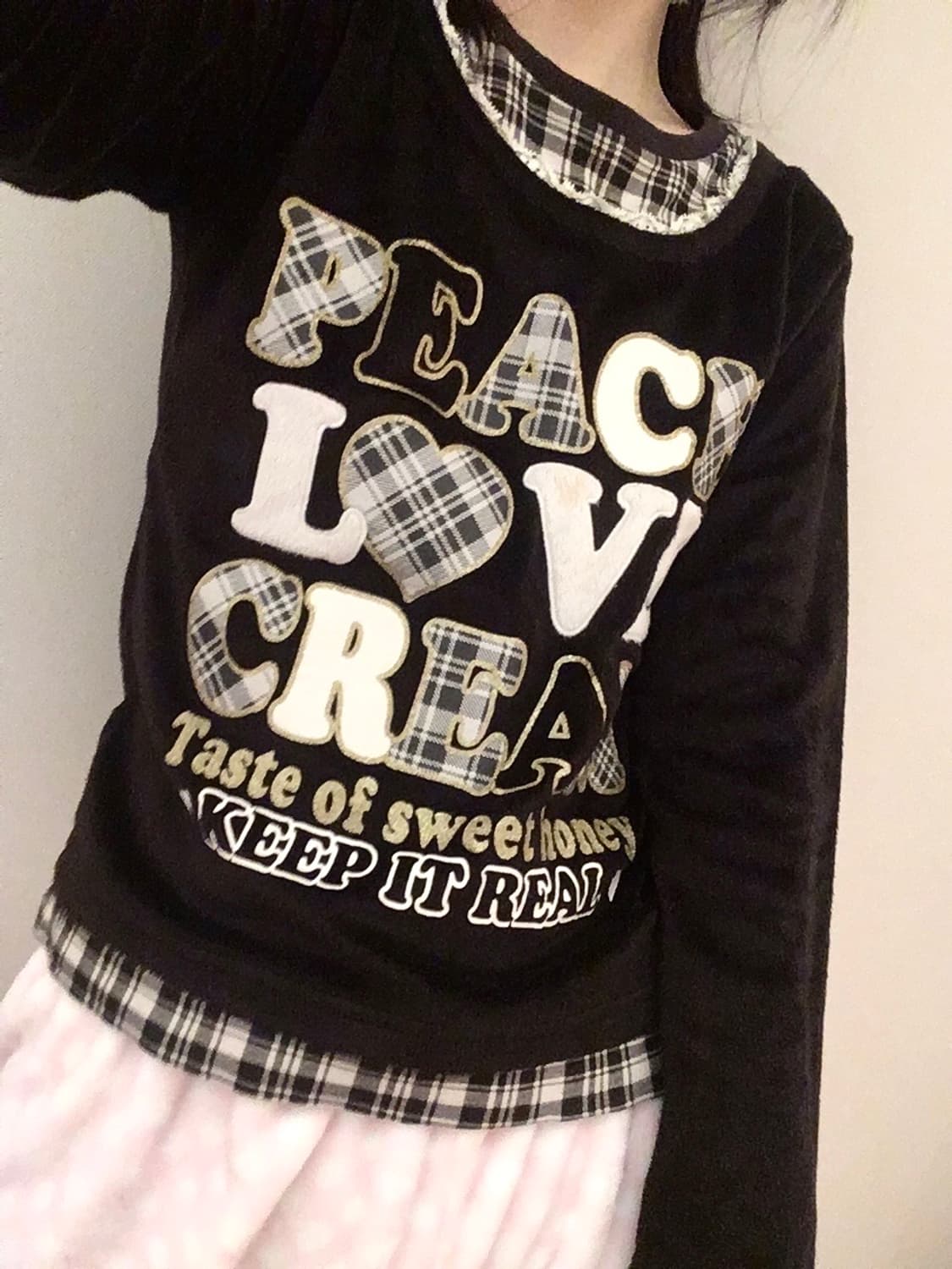 헤이세이 블랙벨벳 그레이체크 레이어드 롱슬리브 탑 티셔츠 갸루 조지후쿠 상품이미지3