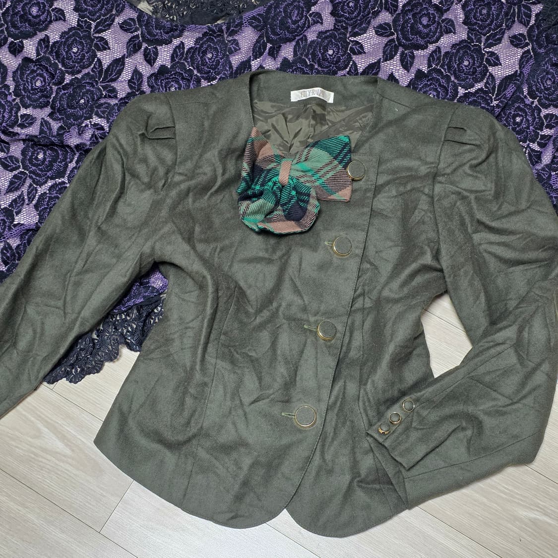 일본빈티지)고딕로리타st 양복 로맨틱 체크리본 카키 다크그린 마이크롭자켓 상품이미지3