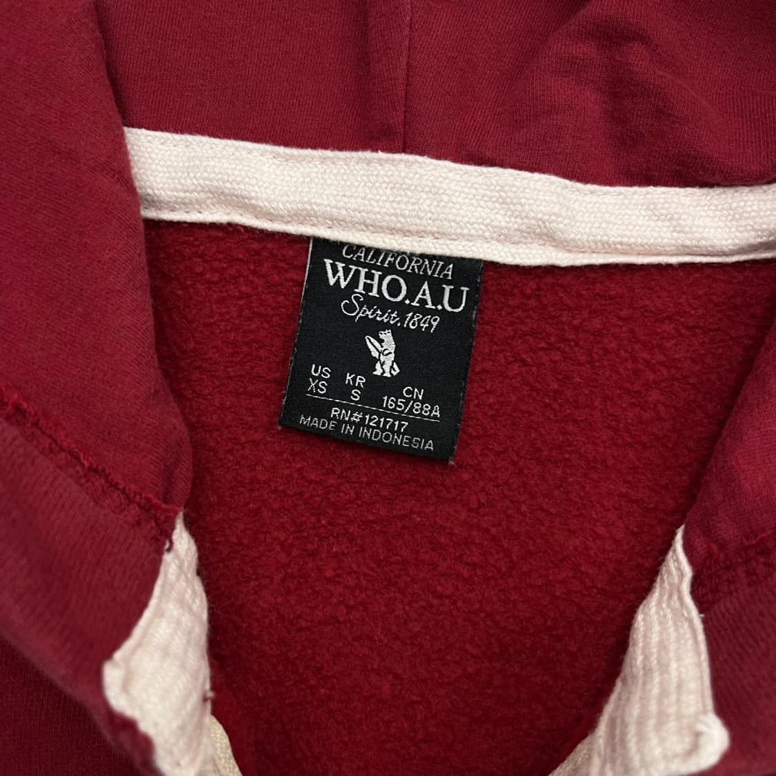 후아유 패치로고 버건디 후드집업 S 상품이미지5